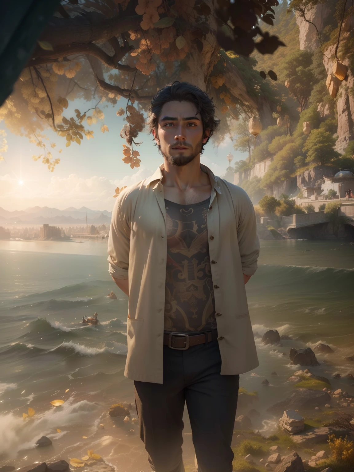 RAW photo, best quality), (realistic, photo-realistic:1.3),best quality,highly detailed,masterpiece,ultra-detailed,illustration,1boy,upper_body,dynamic angle,world masterpiece theater,messy_long_hair,best quality,extremely detailed CG unity 8k wallpaper,ink,Amazing,cinematic lighting,lens_flare, dunhuang_style