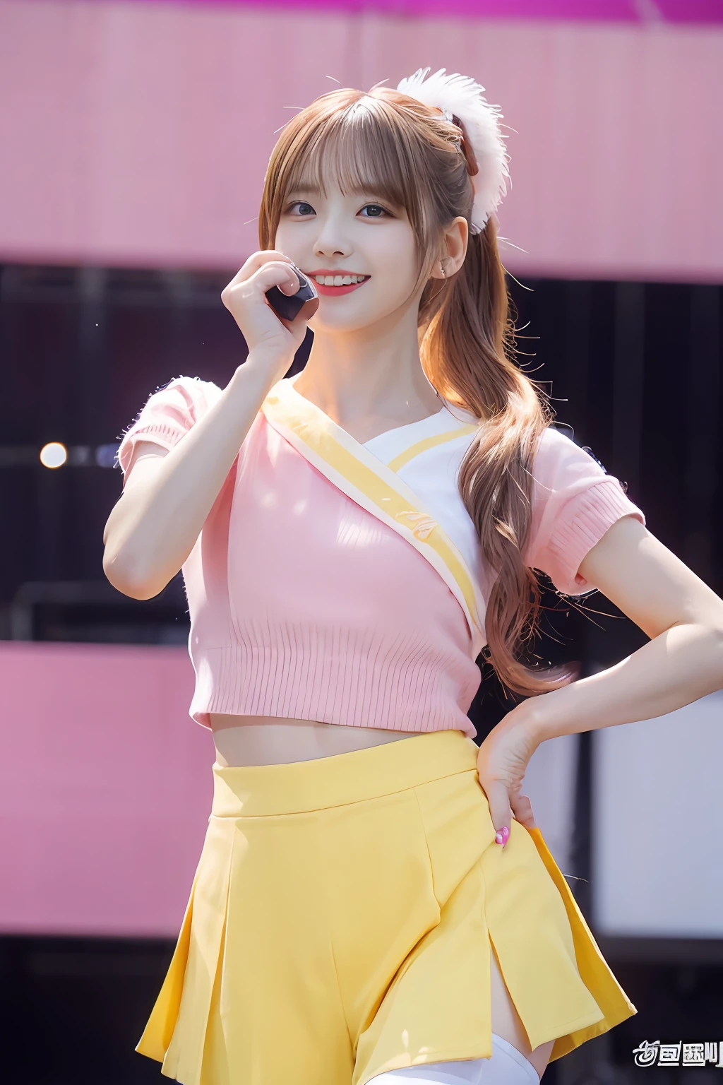 「NSFW」4k、high detal、japanaese girl、Pink and healthy skin、modeled、full bodyesbian,Long legs,White stockings,beautifullegs,Light yellow hair,Cute double ponytail,Mini JK skirt、kawaii faces、A popular Japanese idol with a smile、Large-eye false eyelashes、(((Dance and sing on stage)))、lit up、Super short pink top,Leaking out of the chest