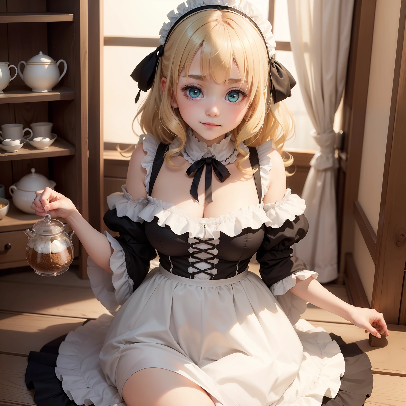high-level image quality、​masterpiece、8K、1little girl、japanes、Charlotta（Gochiusa）、15yo student、Female with young body type、Lolicon、Saint a girl、小柄、1 persons、独奏、One person on the screen、Empty bangs、Hair color is dark blonde、Hair is dark blond、Short mob、short hair to the shoulders、Fetishes、fluffy hair、Black and white maid headband、Light green eyes、Cobalt green eyes、verd s eyes、big eye、huge-eyed、Both eyes are symmetrical、Nose low、Troubled face、Active、full of shyness、Fluffy smile、Yellow and white gothic lolita fashion、Small udder、almost no udder、flat breast、small tits、Inside the  shop、tea shop、coffee shop、Daytime