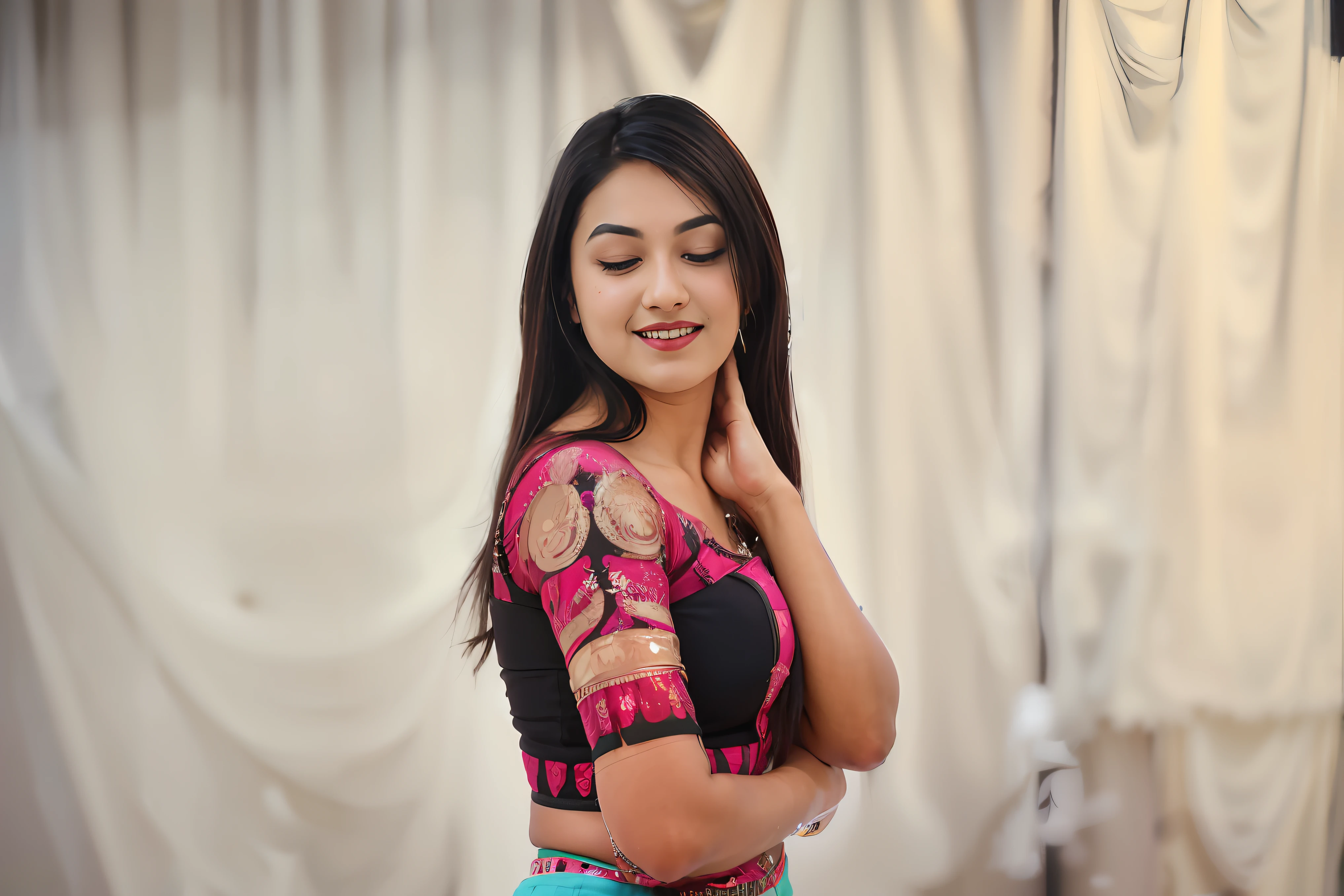 25yo Indian woman in a black croptop standing in a room, a photography by rajesh soni with sony dslr,Full Hd image, fair glowing skin, featured on pexels, samikshavad, lovely, cute face beautiful, dark maroon lips, sexy figure, big chest