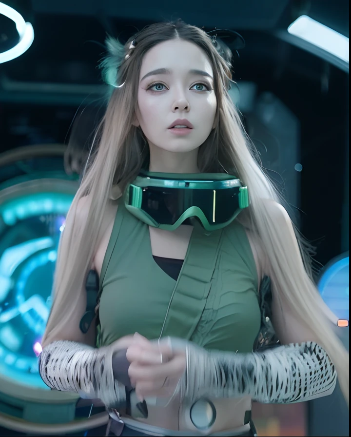 Arad woman in green blouse and goggles standing in front of a neon sign, sci - fi look, in a scifi movie, from a 2 0 1 9 sci fi 8 k movie, 2049, iu lee ji-eun as a super villain, movie still of the alien girl, wearing futuristic clothing, portrait futuristic solider girl