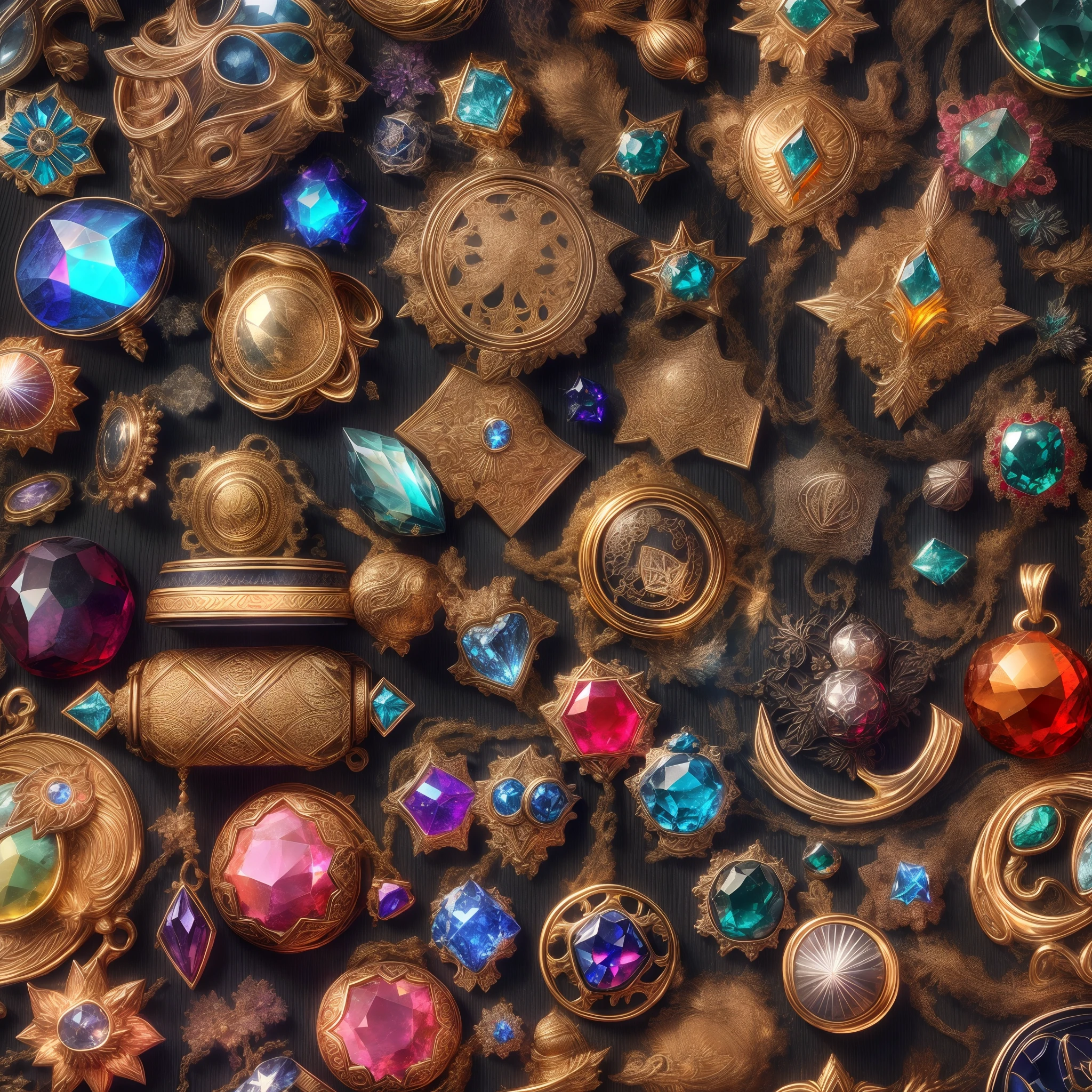(byzantine Style: 1.2), (Full Focus: 2), (Everything in Display Cabinet: 1.3), (Magic Items | Colorful Gems | Cherry Blossoms | Printed Silk Products | Medals | Ores | Obsidian | Pearl | Emerald | White Jade | Amethyst | Sapphire | Gold Products | Silver Products | Purple Gold | Magical Jewelry | Antiques | Ruby | Orange Gem | Blue Gem | Topaz |: 2), Magic Symbols, Magic Particle Effects, High Tech Luxury, High Value Jewelry, High Value Metal, Luxury items, no puzzles, detailed and complex backgrounds, sparkling, reflective light, ultra high definition, award-winning, a high-resolution, high detail texture, contrast between light and dark, cinematic lighting, masterpieces, ray tracing, structurally correct, super details, high-quality, high detail, best quality, 16k