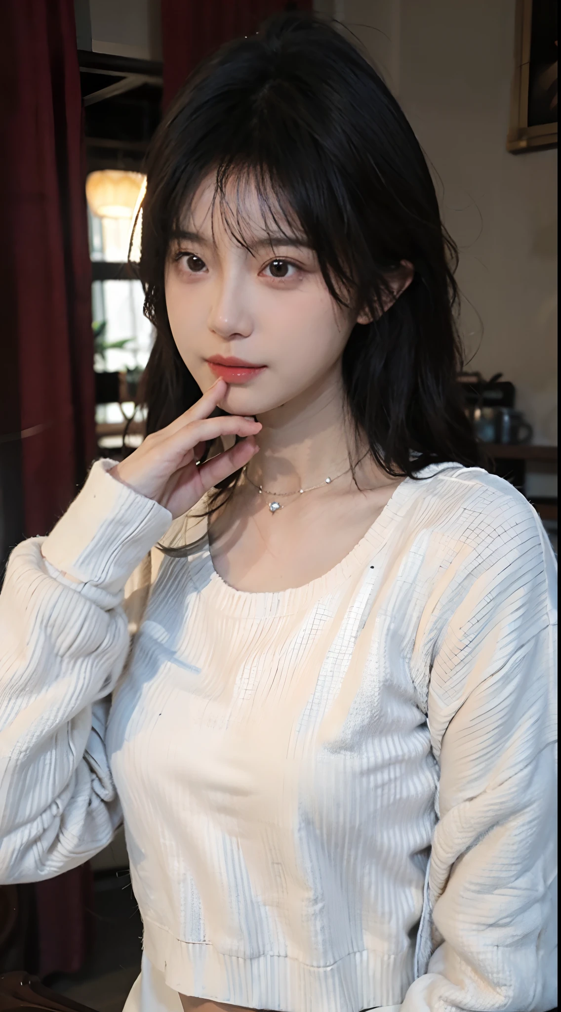 best qualtiy, 超高分辨率, (realisticlying:1.4),cute hairpin,Baoyu Girl,lipsticks,1girll, ,Cropped red sweater,,Beautiful woman with a slim figure:1.4, Abs:1.1, 浴室,Ultra-fine face,Elaborate Eyes,二重まぶた,choker necklace