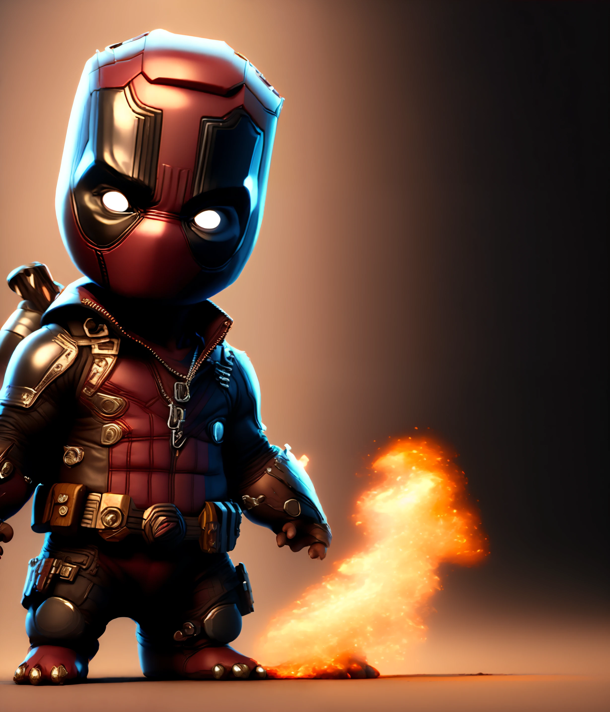 cinematic shot of  realistic cute deadpool , surounded by fire, seamless, epic, cinematic, intricate detail, award winning, great lighting, shading, high quality, detailed