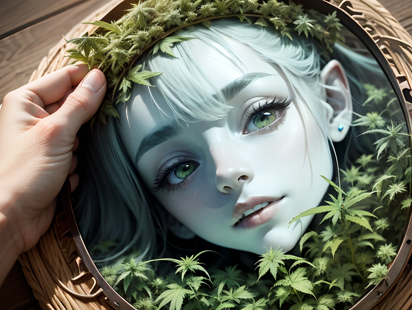colorhalf00d,, overhead angle of a Woman, Cannabis Dryad oval Cannabis border --auto --s2