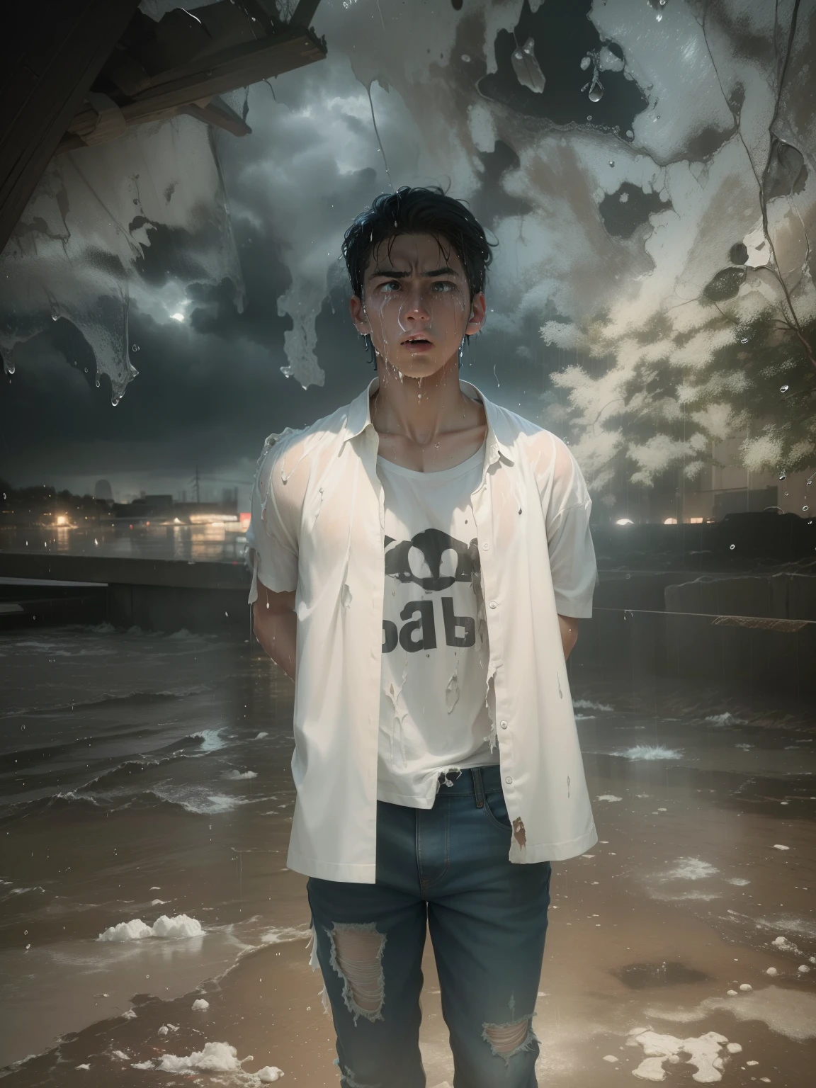best image quality, masterpiece, super high resolution, (fidelity:1.4), photo, 1 cute boy, white shirt, torn jeans, white sneakers, dim, darkness, despair, pity, poor, movie, tears, teardrops, (torn clothes:1.5), (wet clothes:1.4), bare shoulders, real rain, wet hair,..