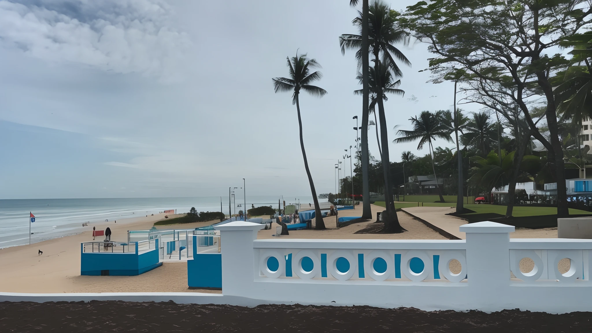 There is a white fence with a blue sign, praia em primeiro plano, 4 0 9 6, beach trees in the background, in a beachfront environment, the sea seen behind the city, Paisagem urbana tropical ao ar livre, cidade costeira tropical, beach setting medium shot, Costa como pano de fundo, salvador, sao paulo, palmeiras na praia, standing near the beach