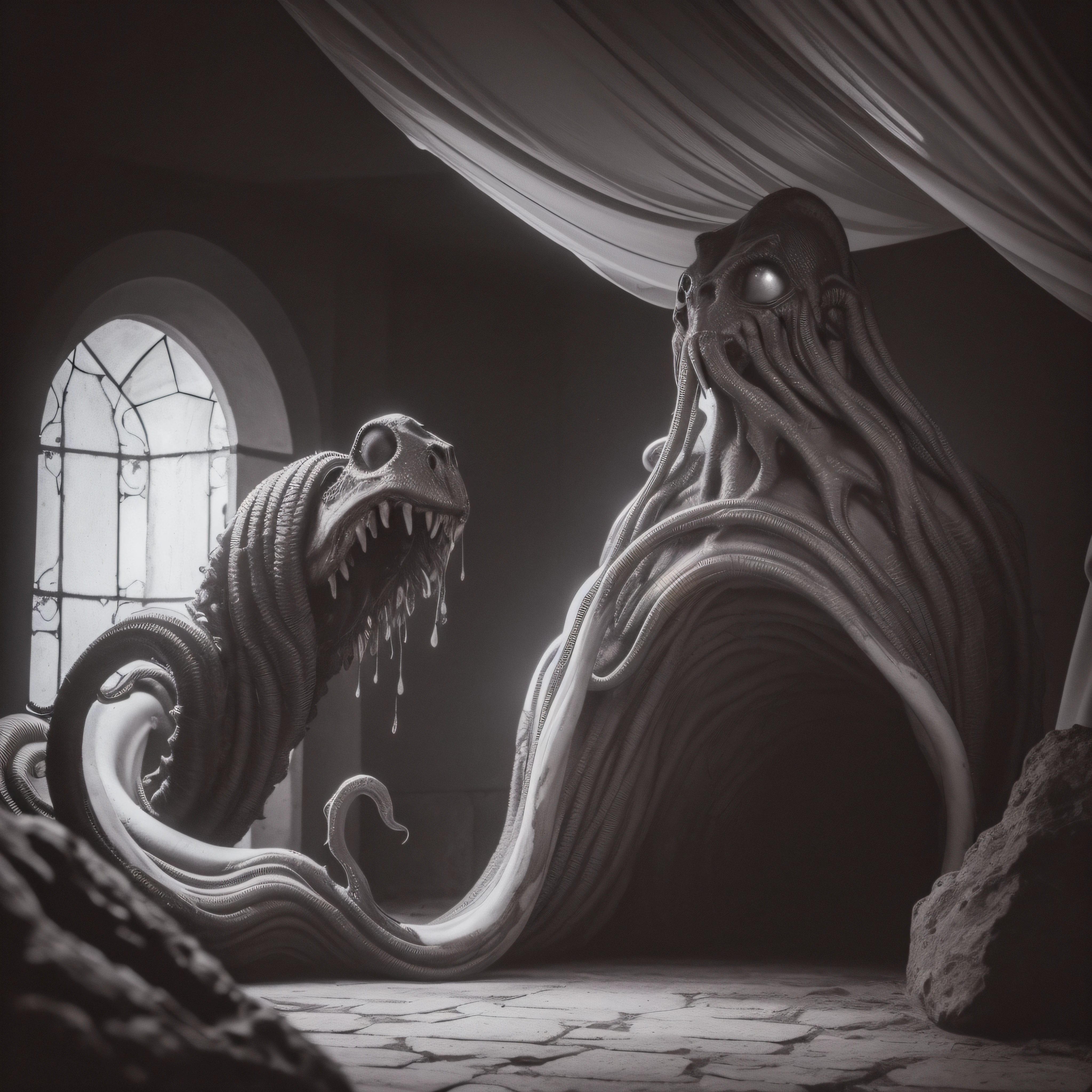 Fine matte paint,Skeleton Dark Angel, Haunted castle with large wings, Fill the drawing table with a knife,terroral,uncanny,horrid,secret terror,tentaculata,grape trees,The eye,uncanny valley effect teeth,all fours,Critters,Blood Moon,4K,high qulity,Beautuful Women,Delicate face,Cthulhu,tentaculata