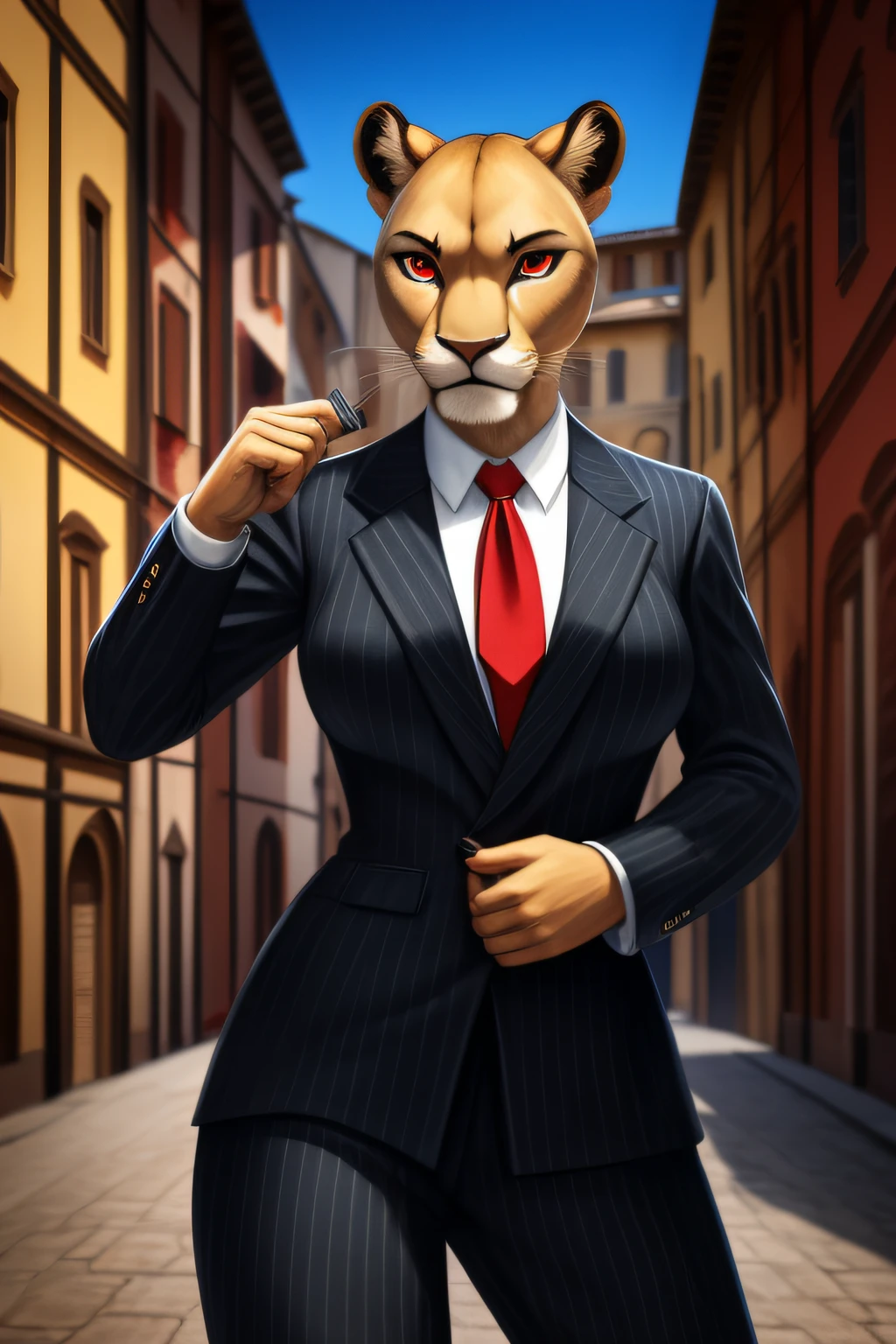 anthropomorphic, lioness, female, red eyes, wearing black pinstripe suit, red tie, holding M1911 pistol in each hand, standing, dynamic pose, solo, looking at viewer, neutral expression, Italian town in 1930s as background, digital art, high quality, highly detailed, masterpiece, detailed fur, detailed face,