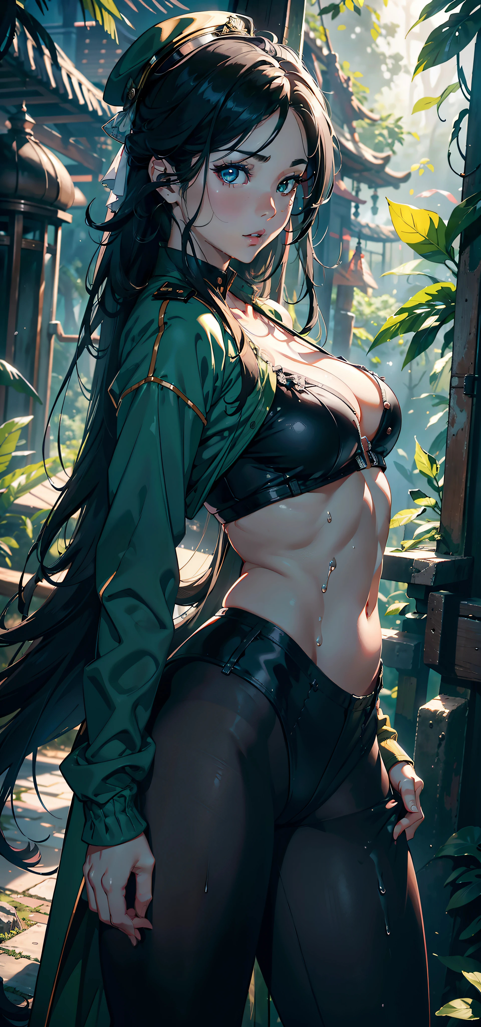 1female，31 years old，熟妇，Bigchest，Big breasts Thin waist，long leges，Pornographic exposure， 独奏，（Background with：hilltop，the rainforest，in summer，Standing water on the ground，exteriors） Feel free to hairstyle，Stride，Sweat profusely，drenched all over the body，seen from the front，Long black hair ， mostly cloudy sky，（（（tmasterpiece），（Very detailed CG unity 8K wallpaper），best qualtiy，cinmatic lighting，detailed back ground，beatiful detailed eyes，Bright pupils，（Very fine and beautiful），（Beautiful and detailed eye description），ultra - detailed，tmasterpiece，）），face to the viewer，frontage，A high resolution，ultra - detailed）nakeness，Wipe off panties，revealing breasts，Bare genitalia， Bulge，Camel toes，Raised sexy，Lewd expression，Flushed complexion，Open-mouthed，frontage，Officer's cap，（Wearing：green colored bomber jacket，Black pantyhose）