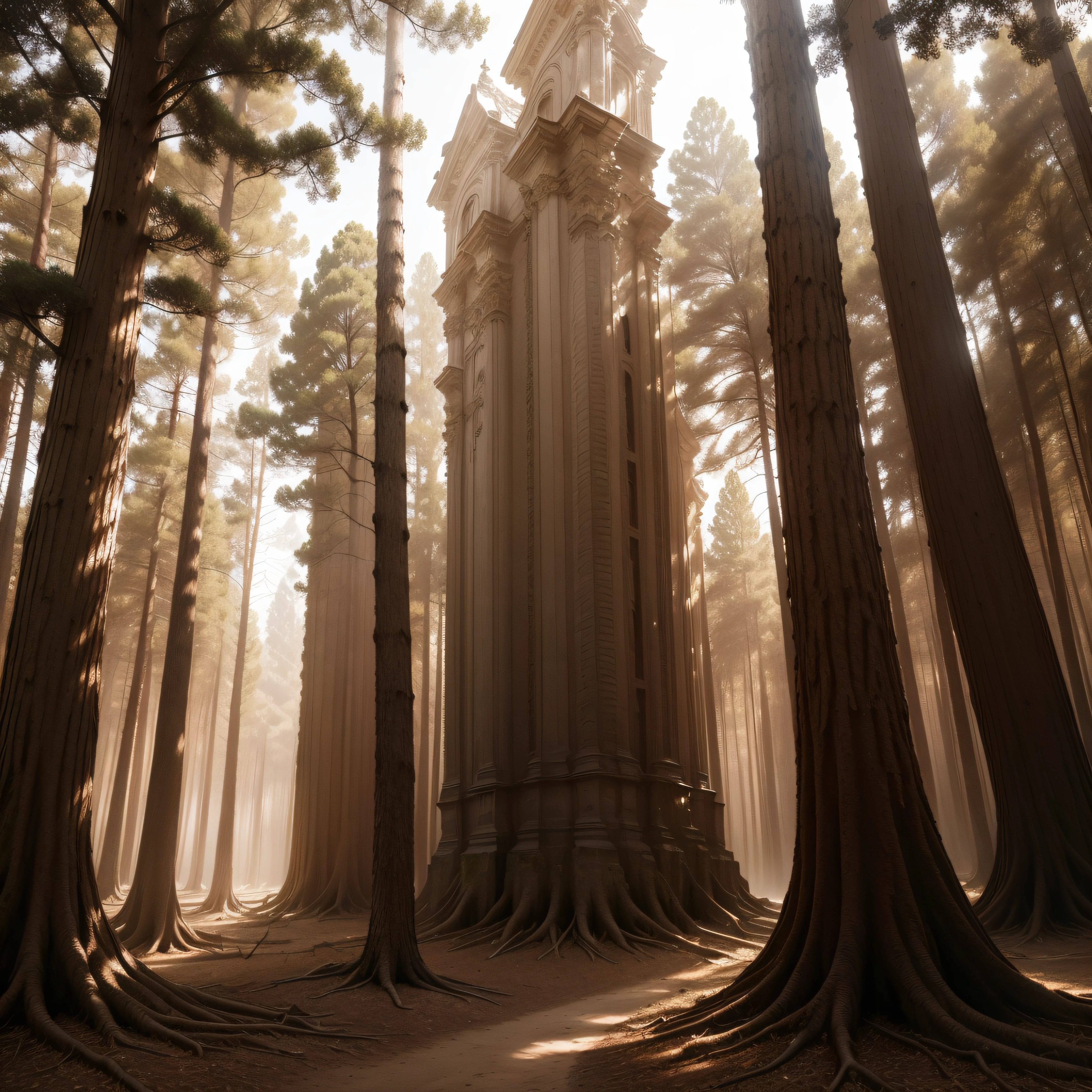 (extremadamente detallado, obra maestra, La mejor calidad, Tono sepia) bosque enorme, Trees with a human face, ruinas. Daytime Lighting.