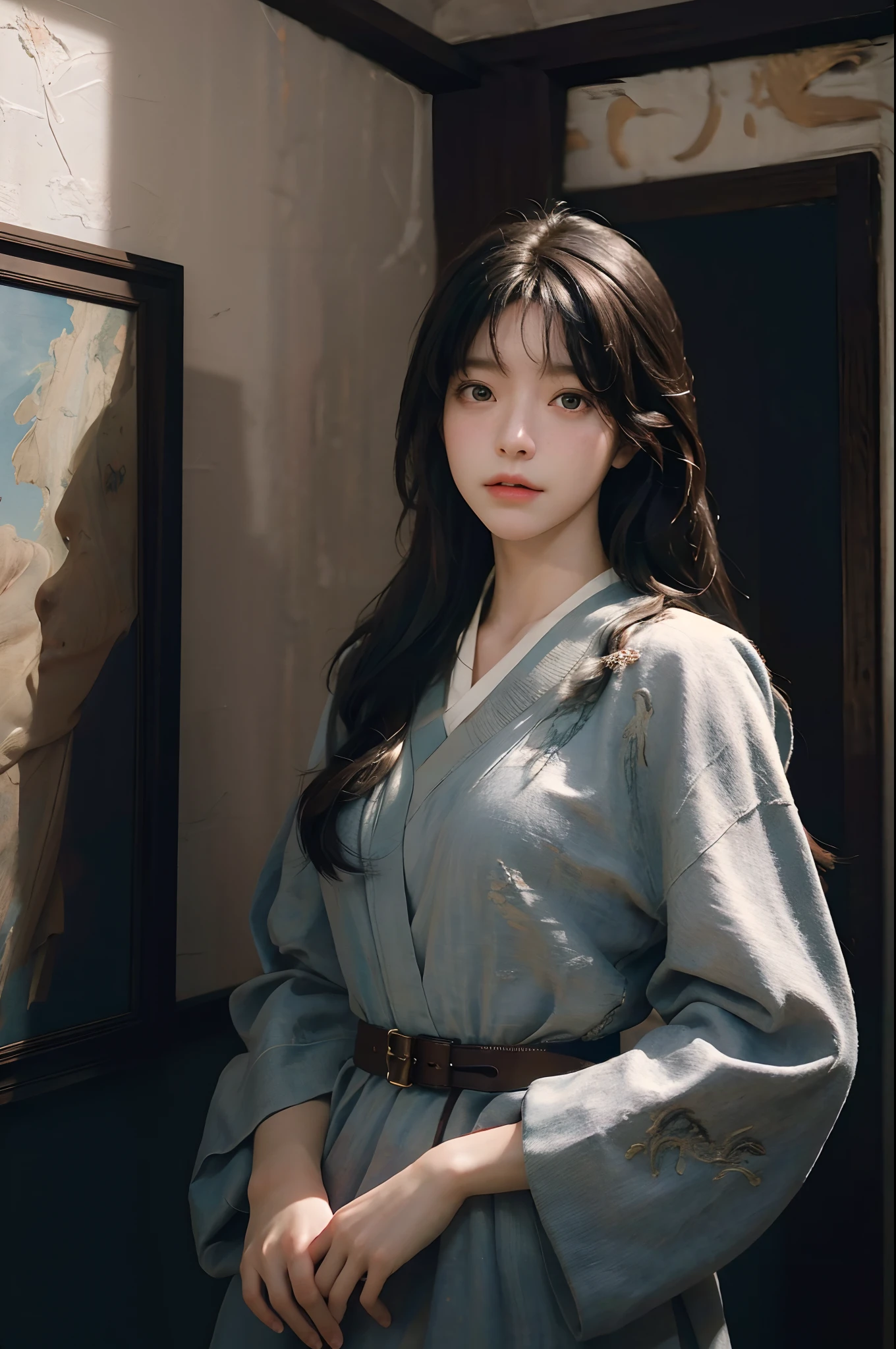 (RAW photo, best quality), (realistic, photo-realistic:1.3),best quality,highly detailed,masterpiece,ultra-detailed,illustration,1girl,upper_body,dynamic angle,world masterpiece theater,messy_long_hair,best quality,extremely detailed CG unity 8k wallpaper,ink,Amazing,cinematic lighting,lens_flare, dunhuang_style