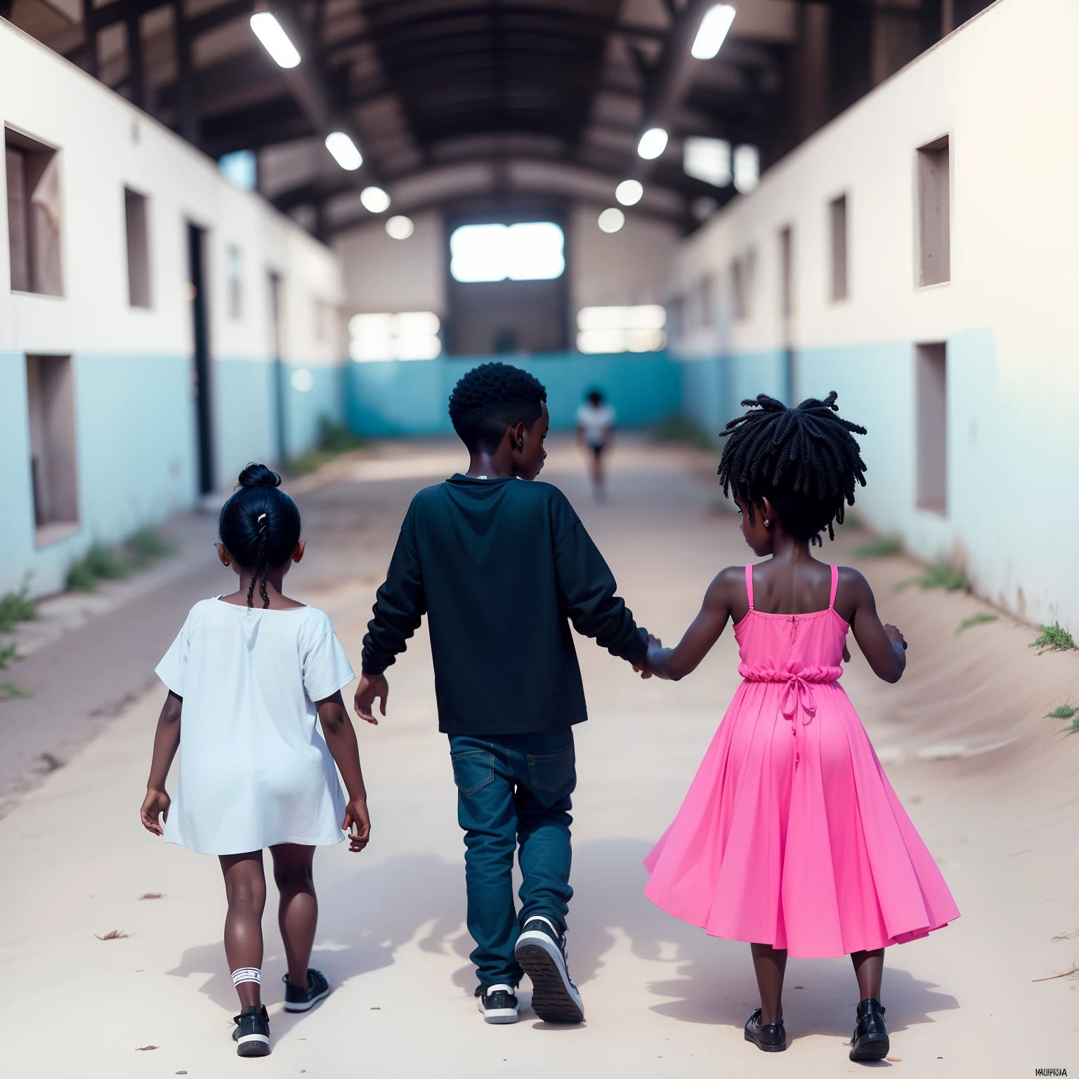 IMAGEM DE UM MENINO NEGRO E DUAS MENINAS NEGRAS ANDANDO EM UM ORFANATO