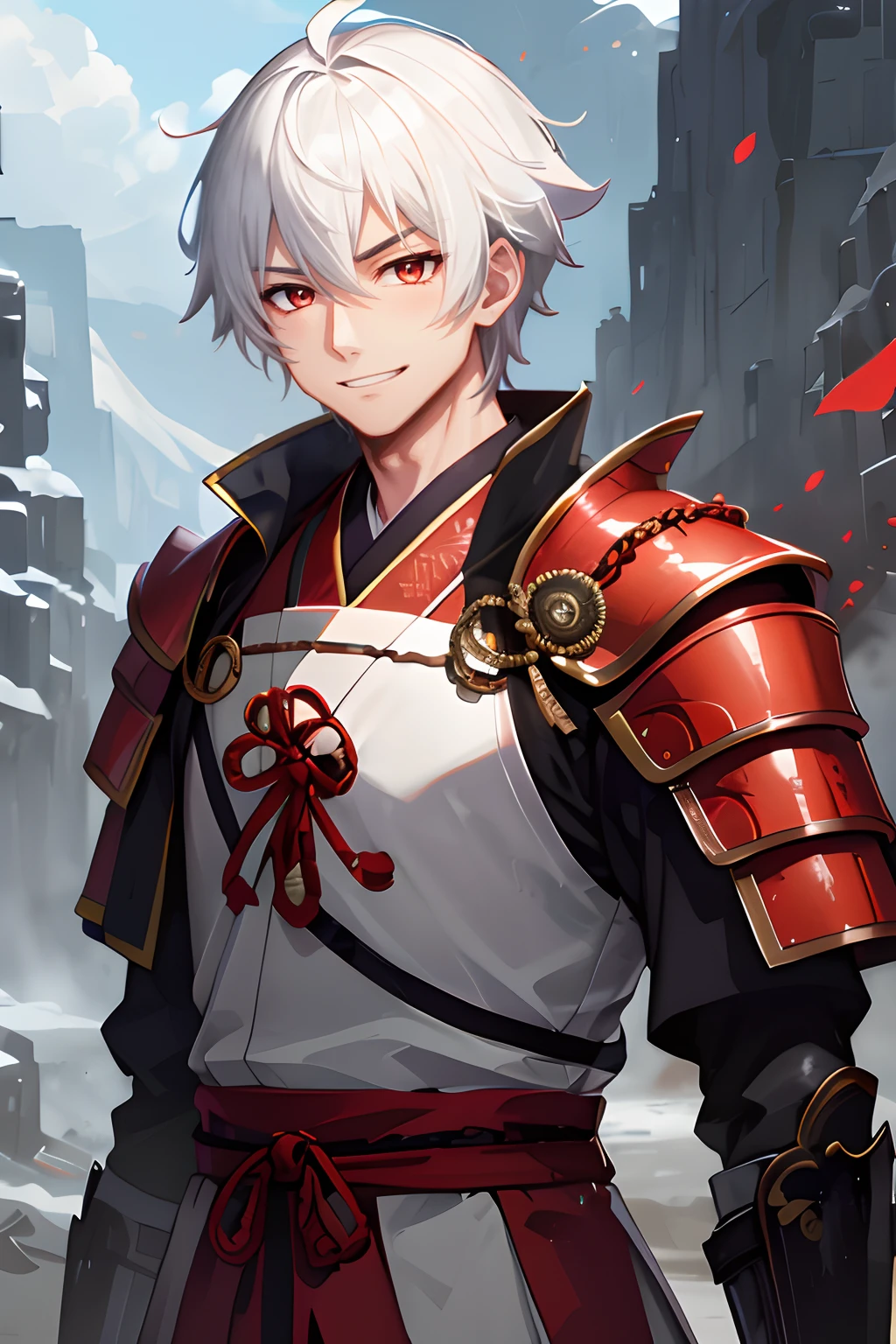 Personaje de anime con cabello blanco y armadura roja parado frente a una ciudad, Keqing de Genshin Impact, ojos rojos, sonriendo, rostro varonil, Zhongli de Genshin Impact, Chico guapo en el arte de Demon Slayer, Retrato de Thancred, roguish smirk, Arte Oficial, Genshin, Armadura blanca y roja, Retrato de Onmyoji, Aguas agradecidas, Arte clave del anime