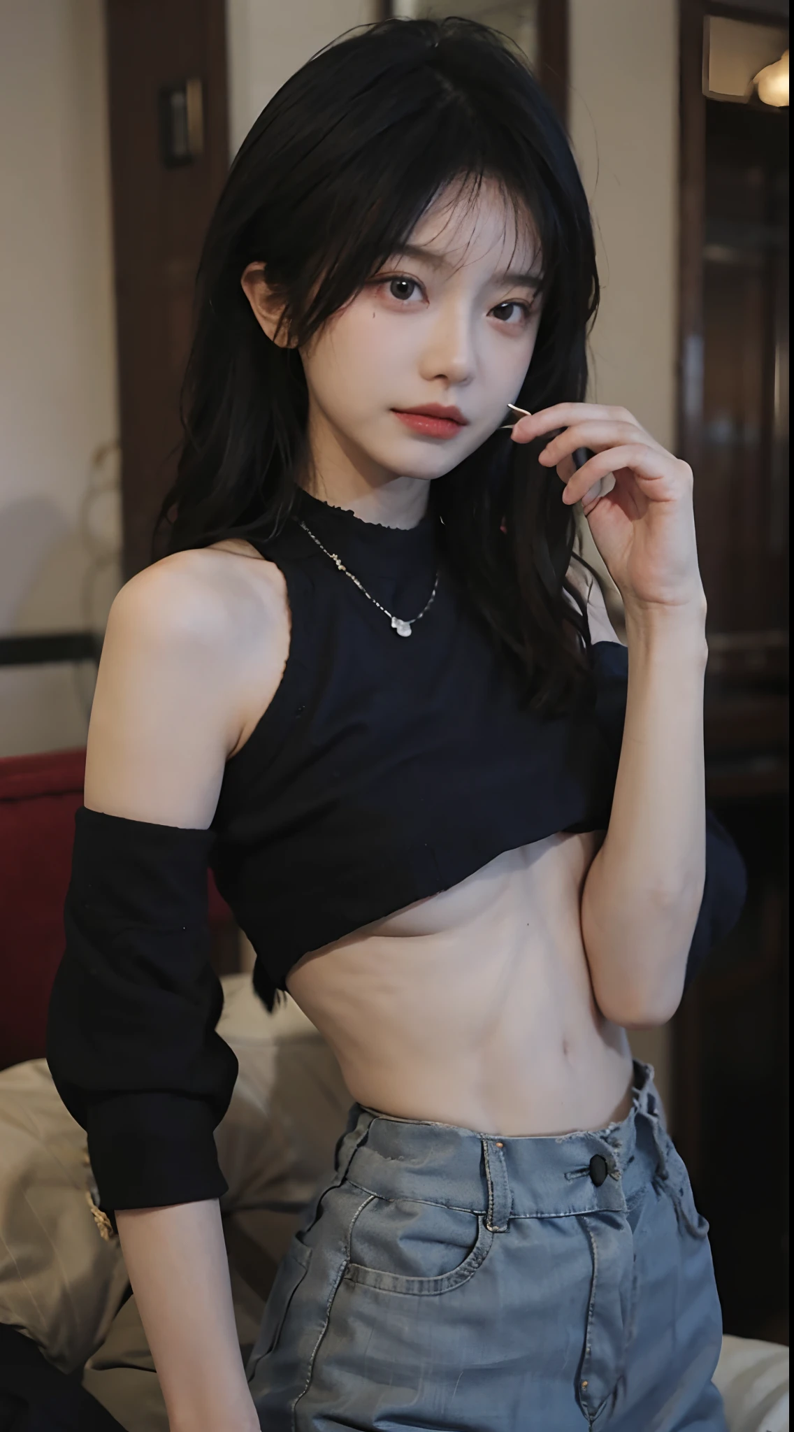 best qualtiy， 超高分辨率， （realisticlying：1.4），cute hairpin，1girll，,Cropped black sweater ，Beautiful woman with a slim figure:1.4, Abs:1.1, 浴室,Ultra-fine face，Elaborate Eyes，二重まぶた，choker necklace