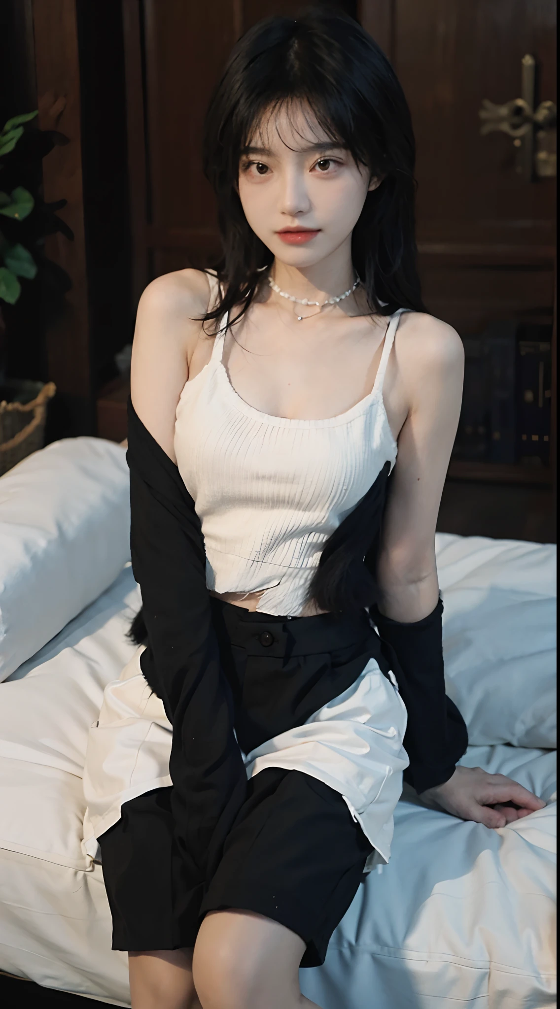 A woman sits on a sofa，frizzy hair, gorgeous chinese models, Very charming and beautiful, White tight-fitting top，design sense, cropped shoulders, Red split skirt, Flesh-colored stockings, Sitting position, Legs apart, Sexy, , Camel toes，aqua eyes, long eyelasher, ）（（eBlue eyes））, Makeup, Smile, parted lip, Realism, Verism, surrealism, depth of fields, One-person viewpoint, f/1.8, 135 mm, kanon, NffSW, retinas, masutepiece, ccurate, Anatomically correct, Textured skin, Super detail, High details, High quality, Best quality, A high resolution, 1080p, hdd, 4K, 8K, ((blanche、Chunky knit cropped sweater))（Falling off the shoulders）((Black tight skirt))、（cropped shoulders）、）Navel is visible，（Spread your legs slightly）（Translucent pale pink panties）、Seductive smile, Reflectors, surrealism, modern.（（No bra））、（Well-proportioned breasts,)、(camel-toe), Tongue stock、Vaginal orchids、Runny vaginal discharge、blowing tides、Very beautiful breasts、Grasp your breasts with both hands、 Spread your legs、sexual excitement、sexual expressio、shiny skins。hentail realism、Photorealsitic:1.37)、(独奏)、dynamicposes、 (Slim legs)、erotick、NffSW、Highly detailed ambient occlusion、超A high resolution, ultra-realistic realism, Highly detailed, (Yawning), （Eyes closed）, ((she is soaking wet)).