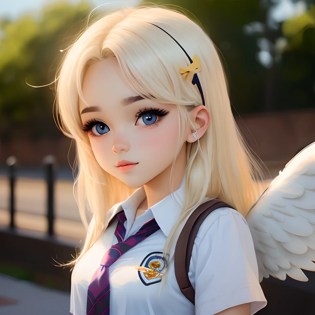 Chica anime de cabello blanco ojos amarillos cute angel colegiala