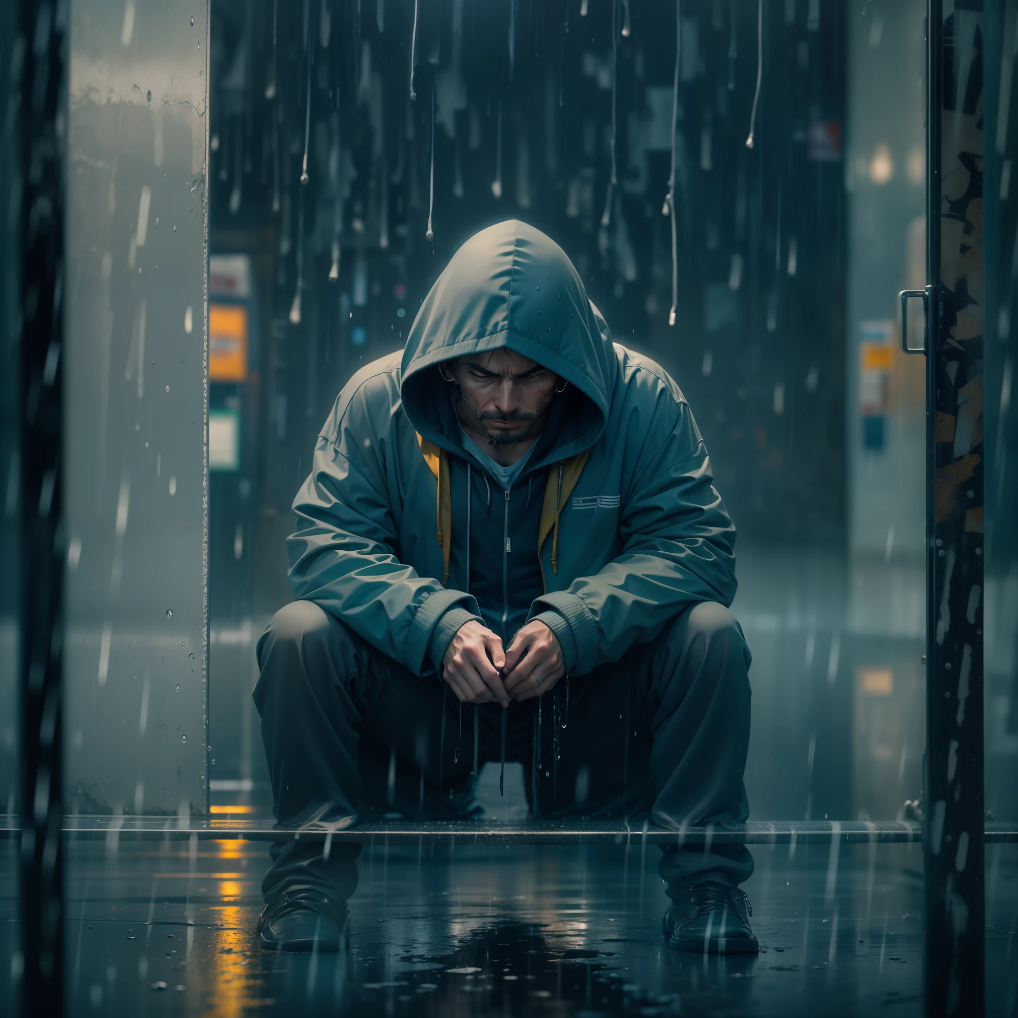 A man wearing a hoodie, melancholic rain, winter, a man waiting for a bus at a rain-drenched bus stop.
