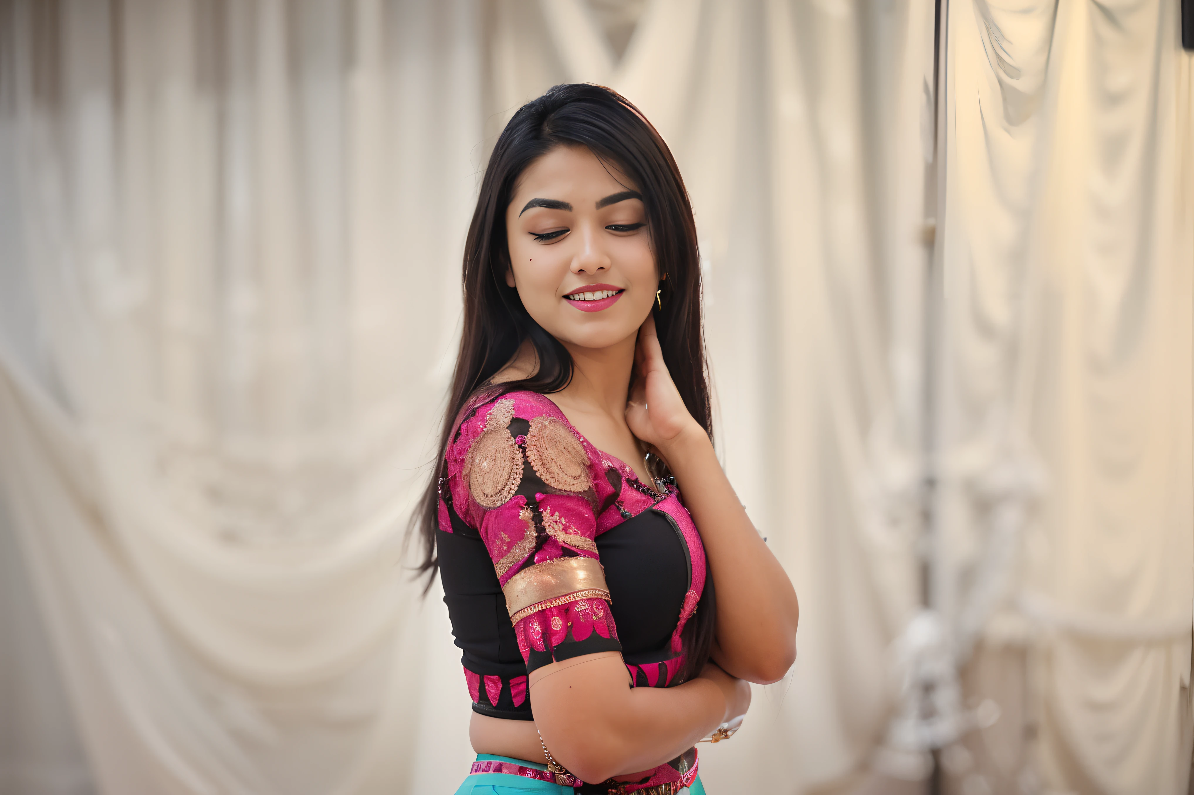 25yo Indian woman in a black croptop standing in a room, a photography by rajesh soni with sony dslr,Full Hd image, fair glowing skin, featured on pexels, samikshavad, lovely, cute face beautiful, dark maroon lips, sexy figure, big chest