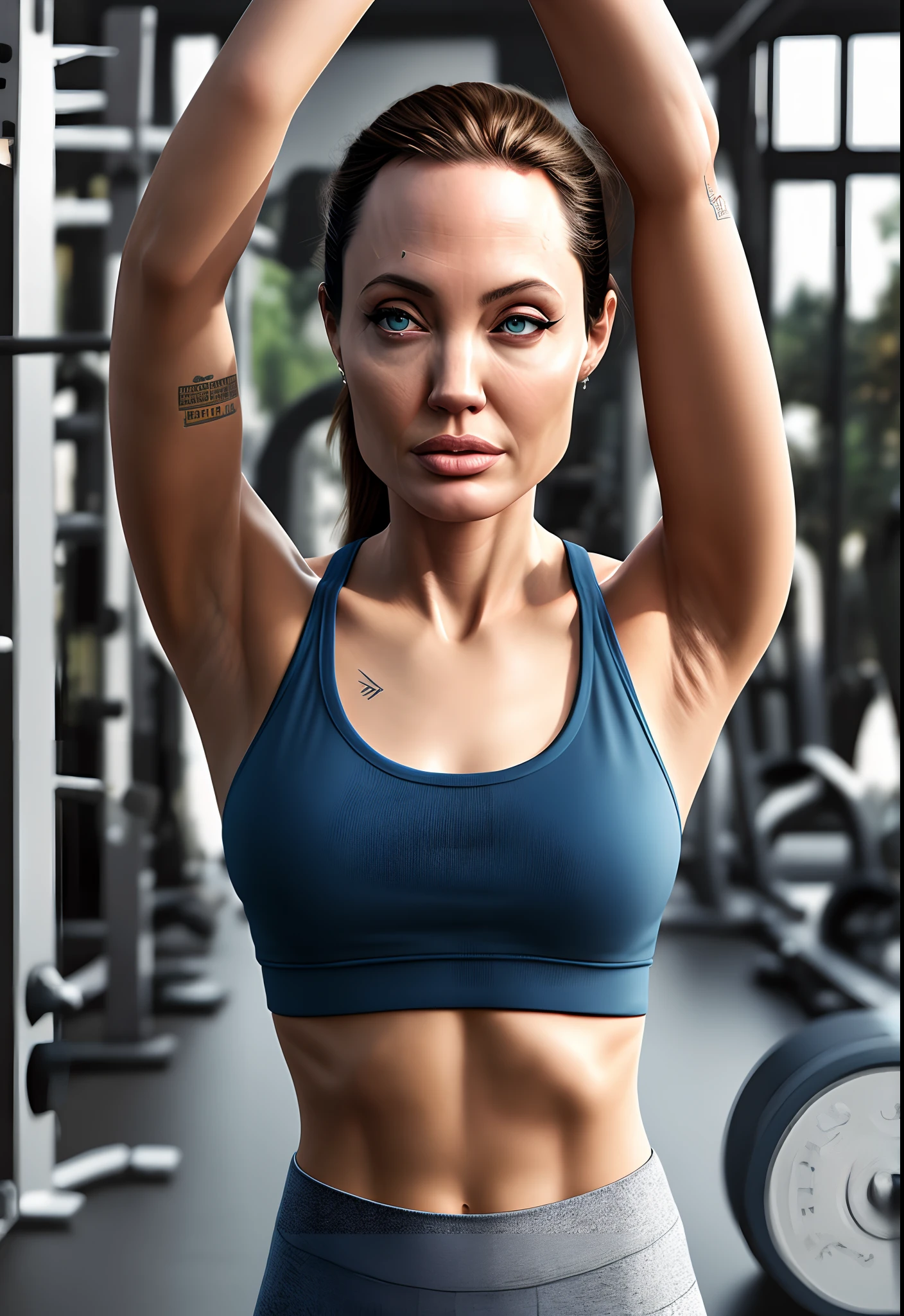 a photo realistic of Angelina Jolie yoga, raising arm, front view, tank top, gym, soft side lighting, masterpiece, 16k resolution, insane details