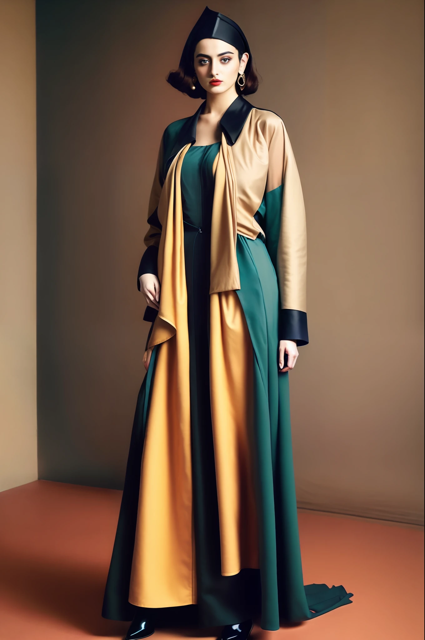 A woman in a long dress and coat standing in a room - SeaArt AI