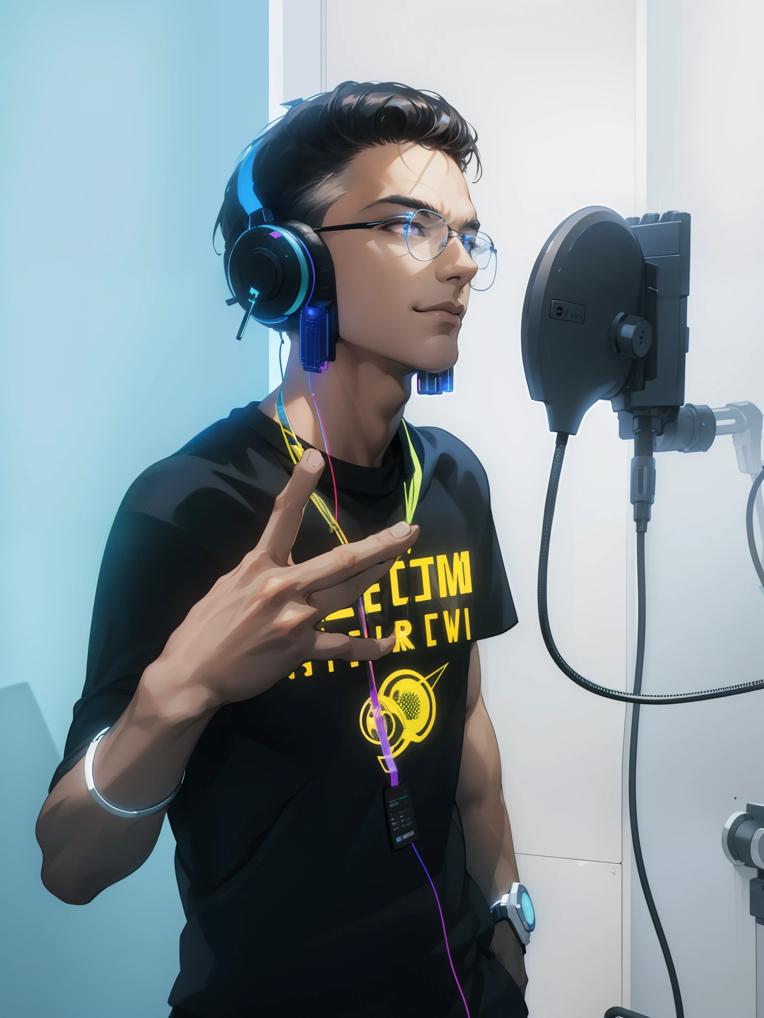 (absurdres, highres, ultra detailed), 1 male, mature, manly, tall muscular, handsome, finely detailed eyes, intricate details, portrait, looking at viewer, solo, half shot, detailed background, detailed face, (1980s synthwave theme:1.1) high-tech futuristic hacker, smirk, advanced technology, hoodie, techwear, wearable device, keycard, cables, (holographic display:1.05), computer, password, control panel in background, blue lights, dark sinister atmosphere, shadows,