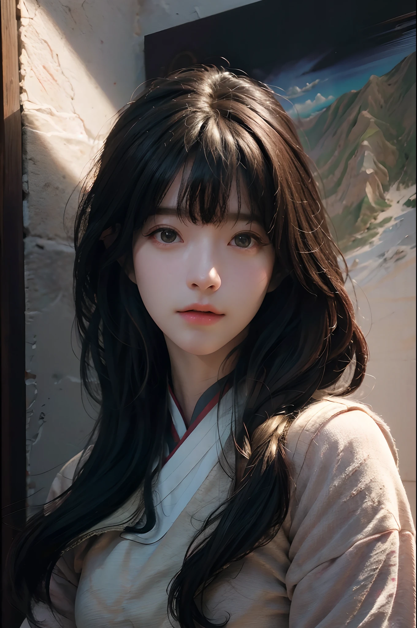 (RAW photo, best quality), (realistic, photo-realistic:1.3),best quality,highly detailed,masterpiece,ultra-detailed,illustration,1girl,upper_body,dynamic angle,world masterpiece theater,messy_long_hair,best quality,extremely detailed CG unity 8k wallpaper,ink,Amazing,cinematic lighting,lens_flare, dunhuang_style
