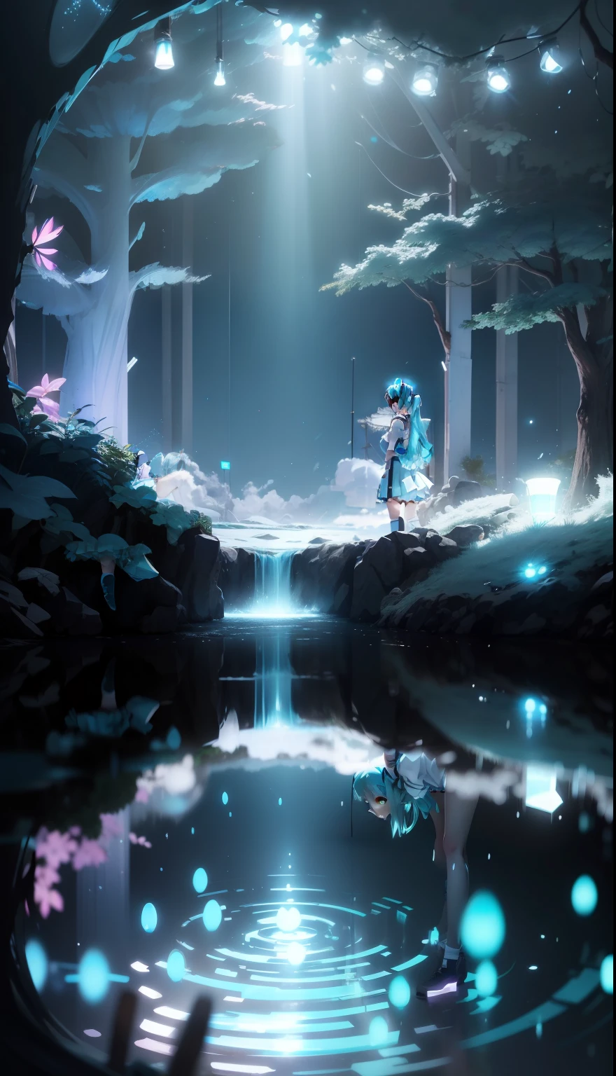 s girl、Light blue twin tails、miku hatsune、skirt by the、Ren、kawaii、with background、top-quality、1girl solo、A smile、Eau、Transparency