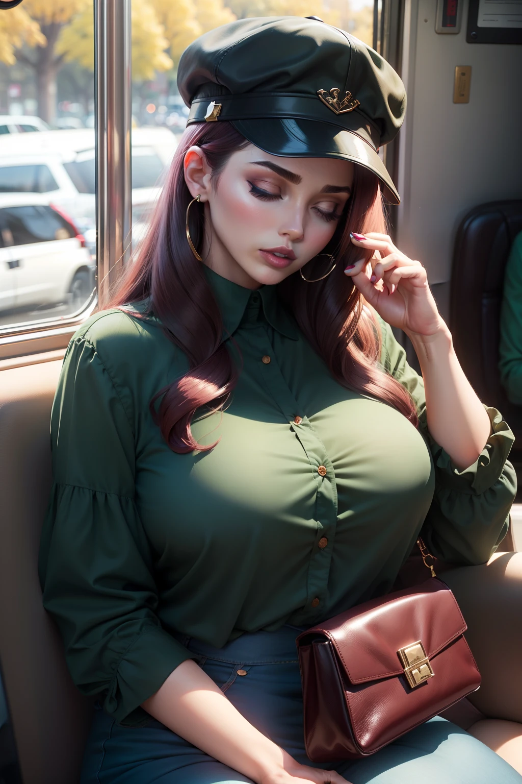 1 beautiful woman, large body, maroon lips, cap, made-up eyelids, two-button blouse, green blouse, long-sleeved blouse, blue jeans, black handbag, sleeping sitting on the bus, mouth open, eyes closed