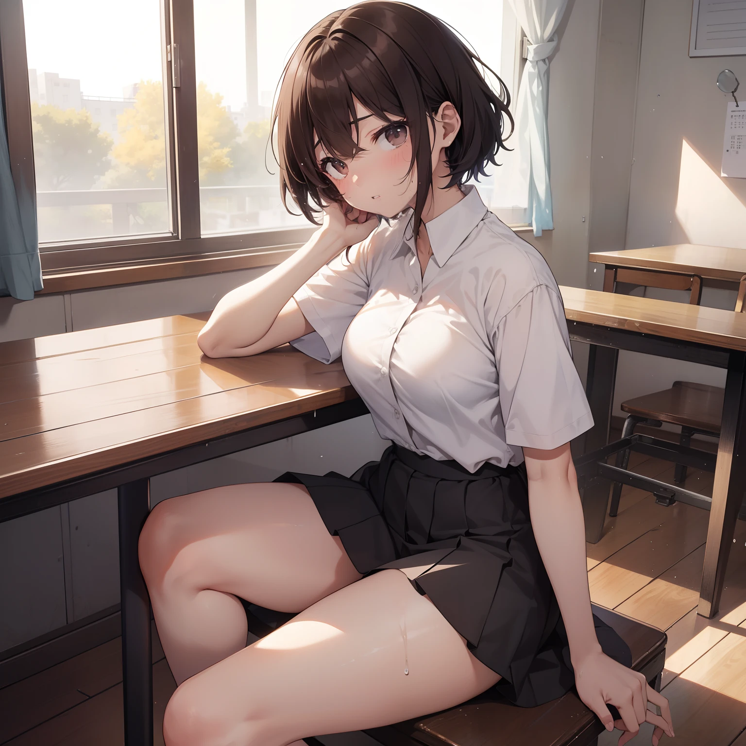 darkened room、old school、old school building、Cluttered classrooms、Big high school girl、、1One guy、summer uniform、a black skirt、Short-haired cicada、Neutral facial features、Large breast size、Reddish brown eyes、Half-open mouth、half-open lips、troubled look、alluring gaze、Sweat runs from the face、A coarse sigh、Steam from the body、steams、校服、Short sleeved white cut shirt、The shirt was half off、ragged attire、Back angle、Opinions are subjective、Turning around、Hands grip the table、Lazy posture、Arched pose、on the floor on all fours、Plump thighs、big assa、The buttocks are wet with sweat、A lot of sweat ran down the thighs、Sweat beads on the thighs are like droplets of water、Boldly turn your ass、Strike a twisted hip pose、The shirt is sheer、The underwear line is visible、、white panties、Spread your legs wide、The hip and hip posture is arched、