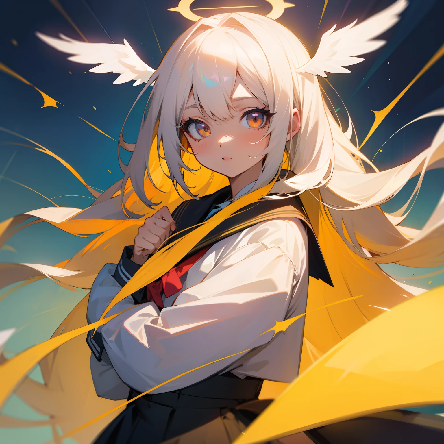 (Wonderful high quality illustration) Beautiful girl with long white hair, ojos dorados, Angel halo and dressed as a schoolgirl.