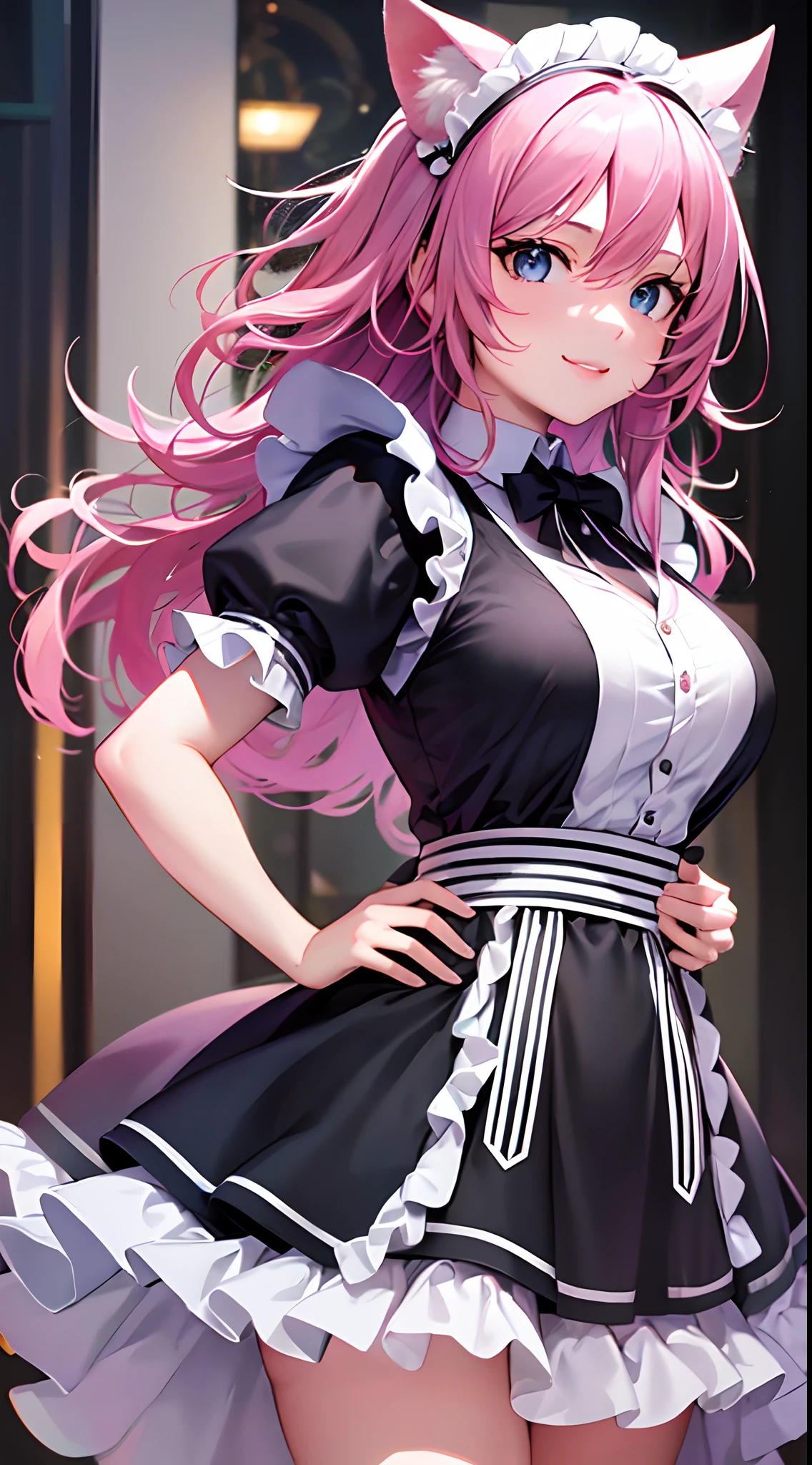 (a closeup of an anime character standing), ((shot angled upward)), (upskirt shot), (anime cat girl with pink cat ears and wavy and loose pink hair, in a maid costume), full body commission, commission for high resolution, (maid outfit), (anime girl in a maid costume, cosplay of a cat) (short dress), oc commission, in pixiv, cute anime cat, (waitress) girl, catgirl anime, beautiful maid, full body commission for anime, hyper realistic texture, realistic photo, ultra detailed, no drawing edges, Smiling! , photorealistic, texture of ultra realistic clothes, Natural lighting, realistic lighting, no dark edges, detailed shadows, ultra realistic photo, absurd realistic, realism, no drawing edges, ultra absurd photorealistic, mega realistic hair, mega realistic clothes, absurdly realistic details, no deformities, no drawing edges,  no drawing lines, 8K, 4K
