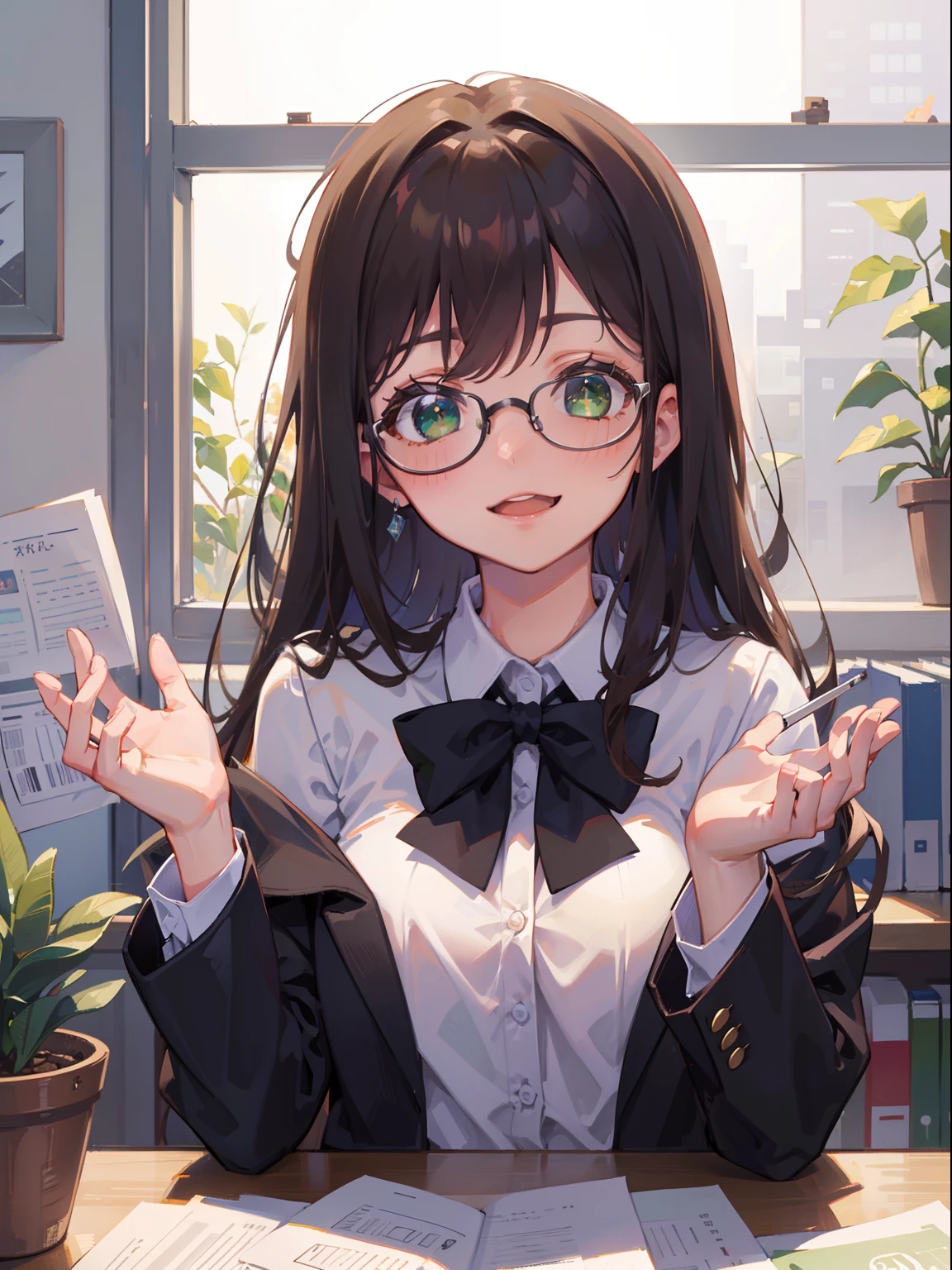 (masterpiece), (best quality), ultra high res, sharp focus, ((1 woman, solo)), (in the office), (at the morning time:1.2), upper body, medium long shot, MLS, beautiful detailed hair, chestnut brown hair, long hair tumbles down, glasses, ((beautiful shape eyes, green eyes)), beautiful detailed face, perfect feminine face, comfortable face, look at the viewer, smiles, formal office outfit