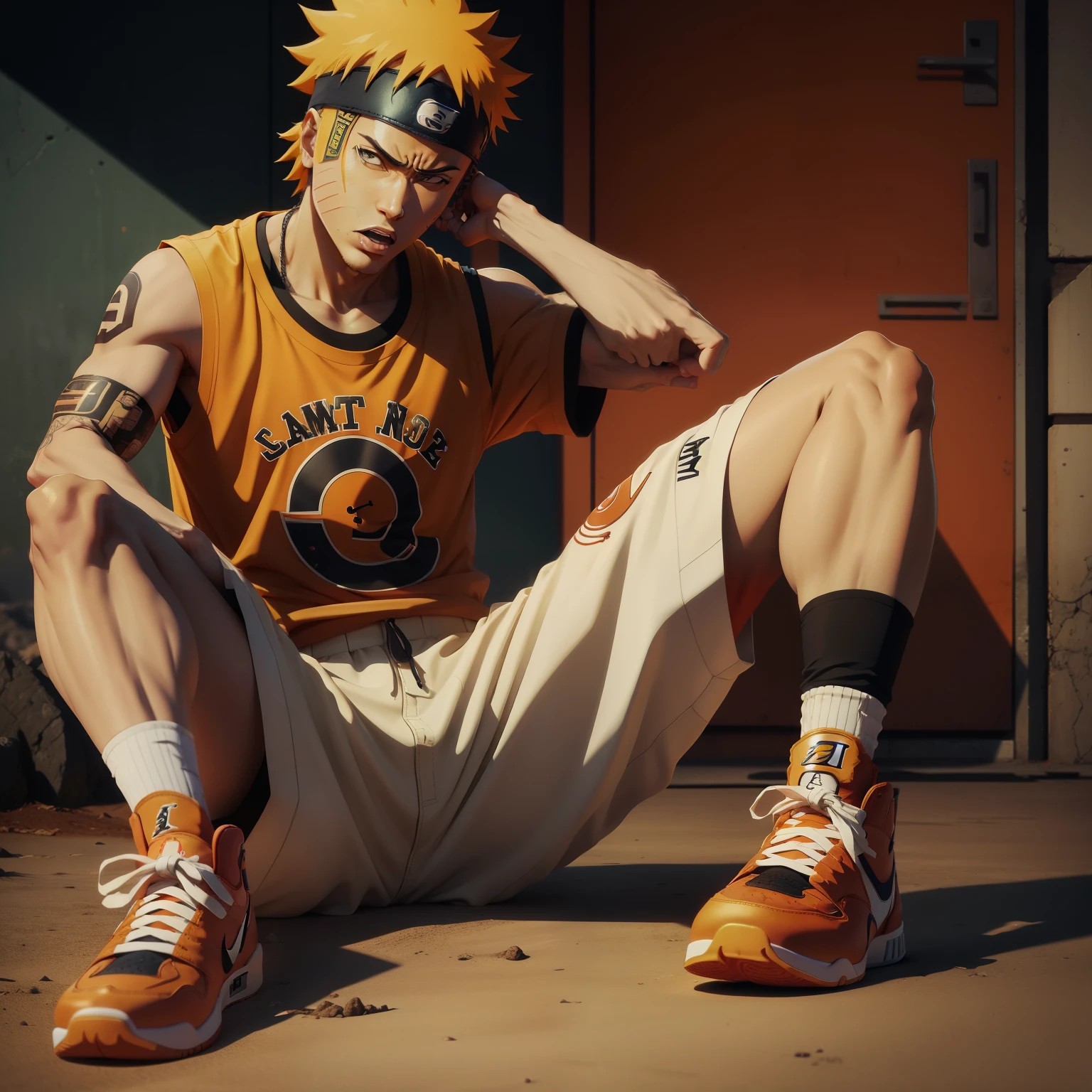 Naruto wearing a Nike jordan on his foot, fios de ouro e uma camisa de rapper,