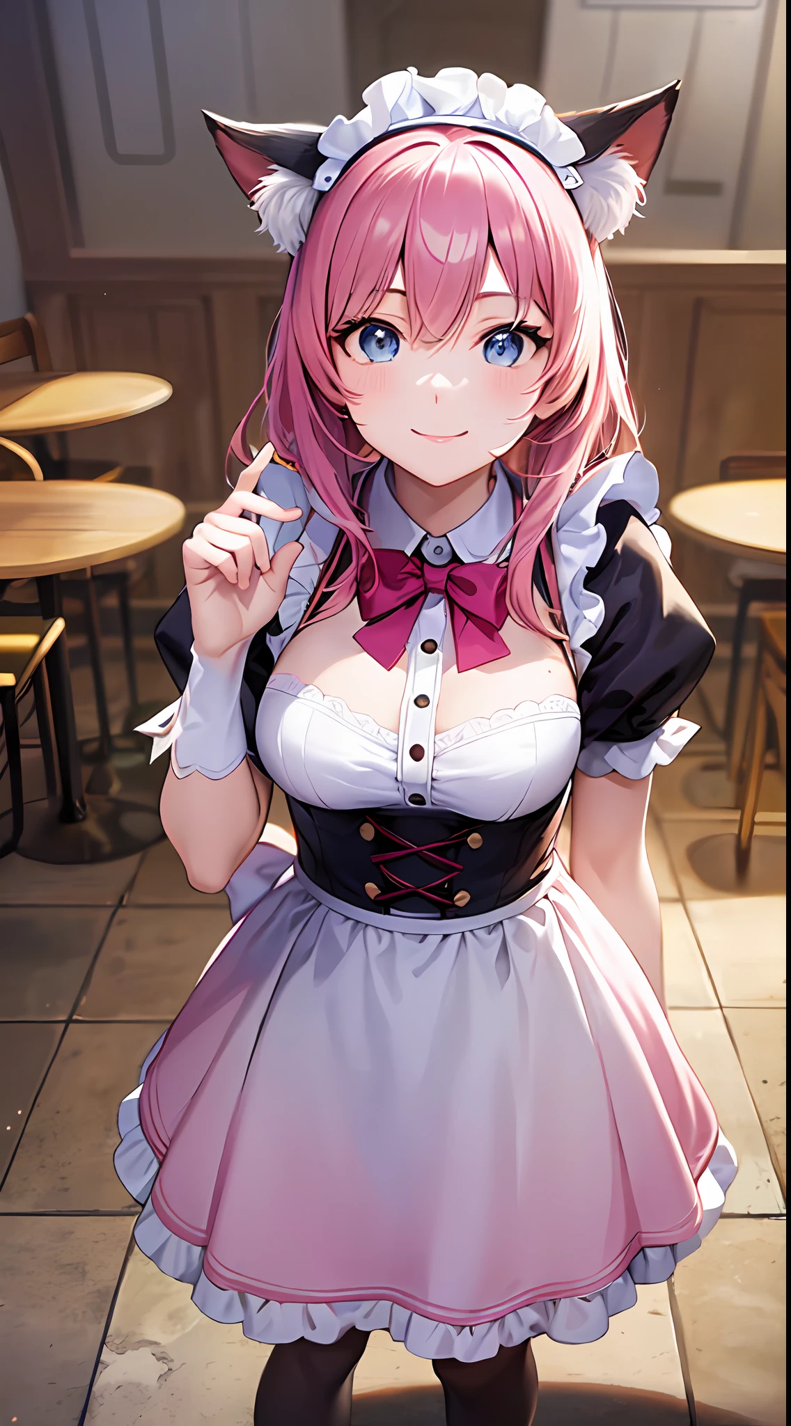 (a closeup of an anime character standing), ((shot from the floor angled upward)), (anime cat girl with pink cat ears and wavy and loose pink hair, in a maid costume), full body commission, commission for high resolution, (maid outfit), (anime girl in a maid costume, cosplay of a cat) (short dress), oc commission, in pixiv, cute anime cat, (waitress) girl, catgirl anime, beautiful maid, full body commission for anime, hyper realistic texture, realistic photo, ultra detailed, no drawing edges, Smiling! , photorealistic, texture of ultra realistic clothes, Natural lighting, realistic lighting, no dark edges, detailed shadows, ultra realistic photo, absurd realistic, realism, no drawing edges, ultra absurd photorealistic, mega realistic hair, mega realistic clothes, absurdly realistic details, no deformities, no drawing edges, no drawing lines, 8K, 4K