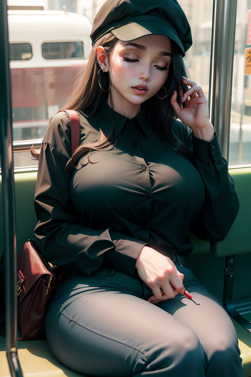 1 beautiful woman, large body, maroon lips, black cap, made-up eyelids, two-button shirt, green shirt, long-sleeved shirt, collared shirt, blue jeans, black bag, sleeping sitting on the bus, mouth open, eyes closed