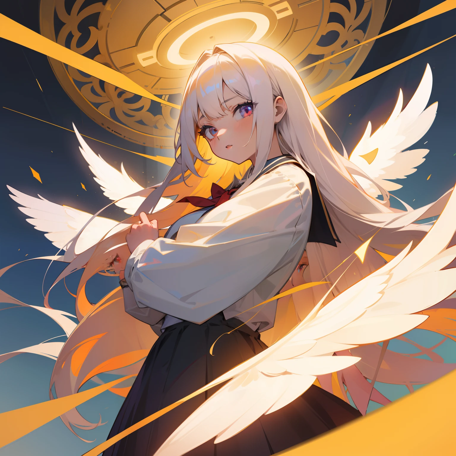(Wonderful high quality illustration) Beautiful girl with long white hair, ojos dorados, Angel halo and dressed as a schoolgirl.