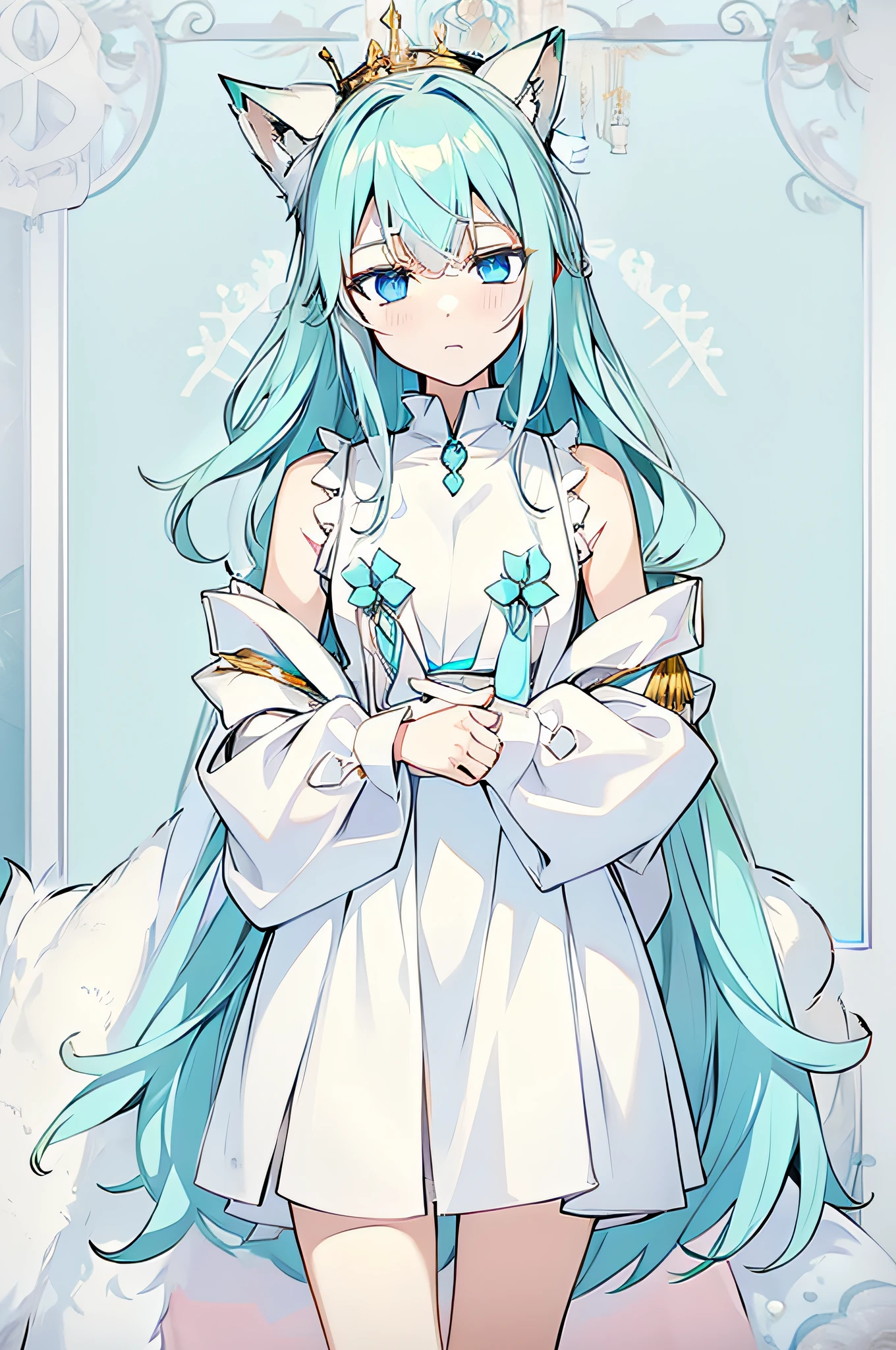 Anime femboy boy with blue hair and a crown on his head, Cute anime waifu in a nice dress, ciano branco, Loli no vestido, Pixiv, Mikudayo, Melhor Avaliado em Pixiv, Arte digital no Pixiv, Estilo Pixiv, Vencedor do concurso Pixiv, deusa anime, divindade de cabelos brancos, hatsune miku retrato, na empresa Pixiv