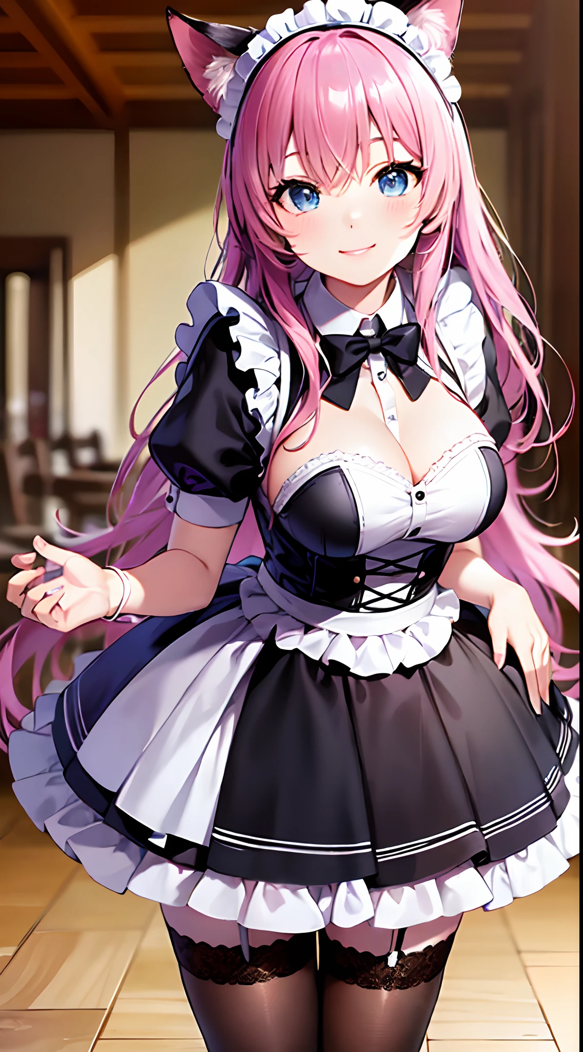 (a closeup of an anime character standing), ((shot from the floor)), (anime cat girl with pink cat ears and wavy and loose pink hair, in a maid costume), full body commission, commission for high resolution, (maid outfit), (anime girl in a maid costume, cosplay of a cat) (short dress), oc commission, in pixiv, cute anime cat, (waitress) girl, catgirl anime, beautiful maid, full body commission for anime, hyper realistic texture, realistic photo, ultra detailed, no drawing edges, Smiling! , photorealistic, texture of ultra realistic clothes, Natural lighting, realistic lighting, no dark edges, detailed shadows, ultra realistic photo, absurd realistic, realism, no drawing edges, ultra absurd photorealistic, mega realistic hair, mega realistic clothes, absurdly realistic details, no deformities, no drawing edges, no drawing lines, 8K, 4K