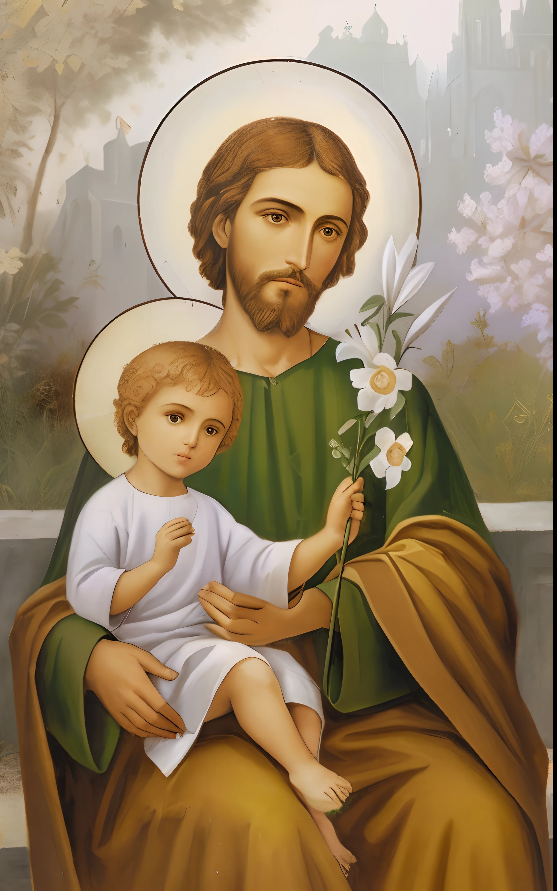 Jesus segurando um menino e segurando uma flor, Com o Menino Jesus, orthodox saint christopher, pai com filho, with a kid, pai, iconografia sagrada, roman catholic icon, christian saint, reconfortante e familiar, pintura religiosa, iconografia religiosa, Jovem Deus Todo-Poderoso, catholic icon, grande detalhe, 3 4 5 3 1, santo, NPC com halo de santo