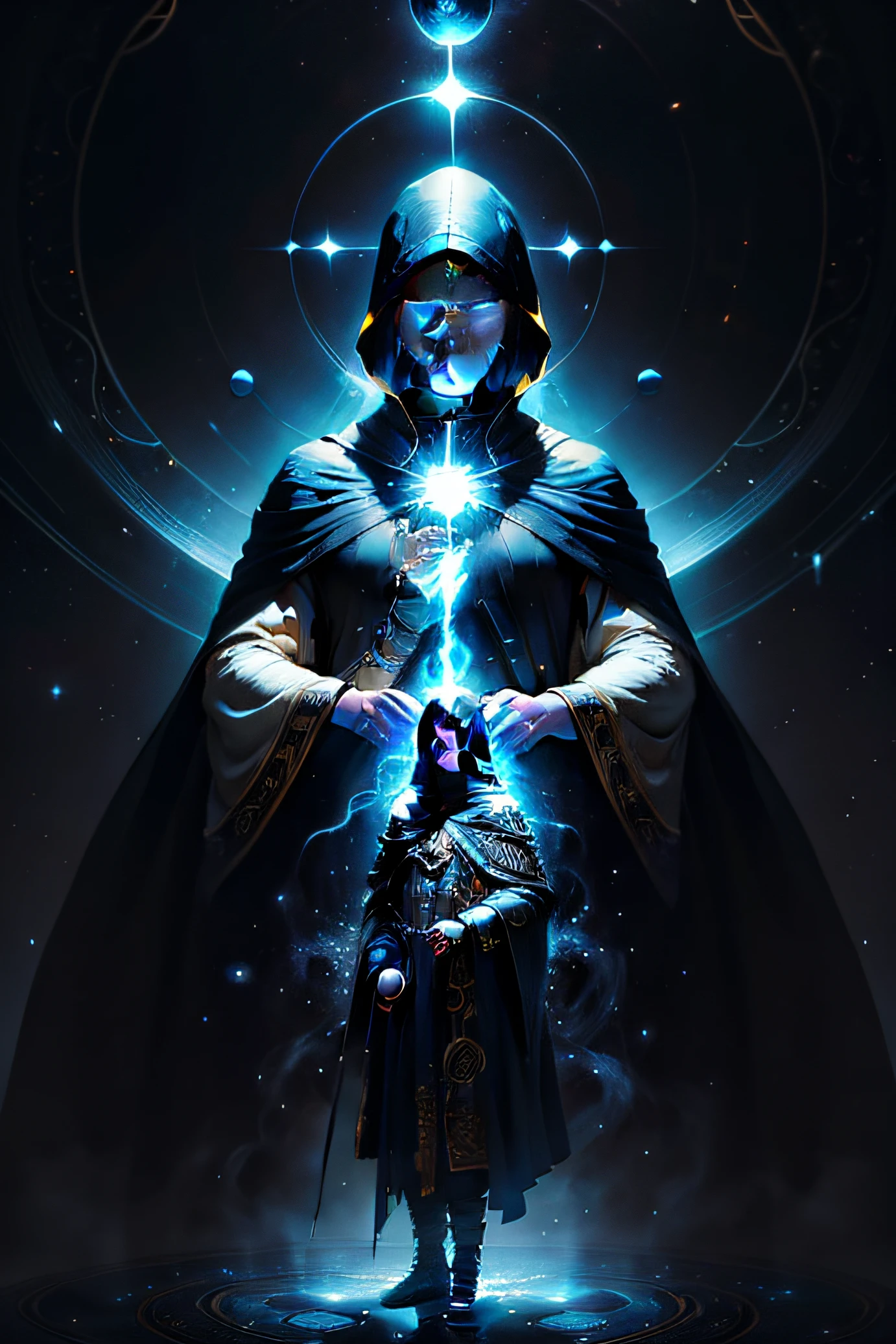 a hero in a robe standing in a black universe, in the style of indigo and gold, mystic symbolism, celestialpunk, firecore, etam cru, mysterious backdrops, brothers hildebrandt --ar 3:2