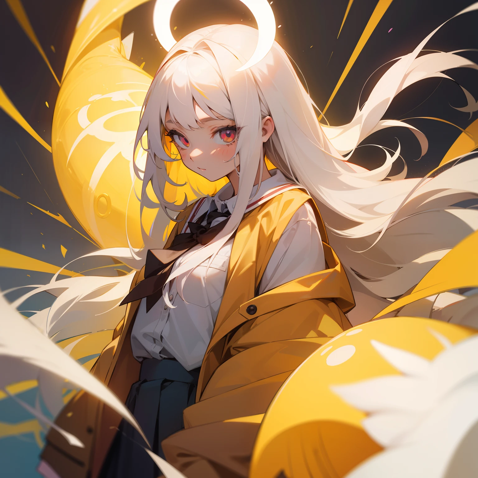 (Wonderful high quality illustration) Beautiful girl with long white hair, ojos dorados, Angel halo and dressed as a schoolgirl.