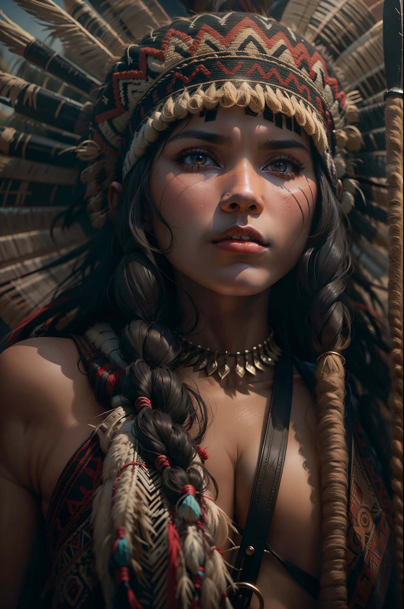 A beautiful indigenous woman wearing a headdress holding an axe, cabelos pretos longos cacheados com franja, rosto bonito, imagem alto detalhe, simetria, Muitos detalhes, corpo inteiro, corpo definido, Realismo, Cinematic lighting, de cima, super detalhe