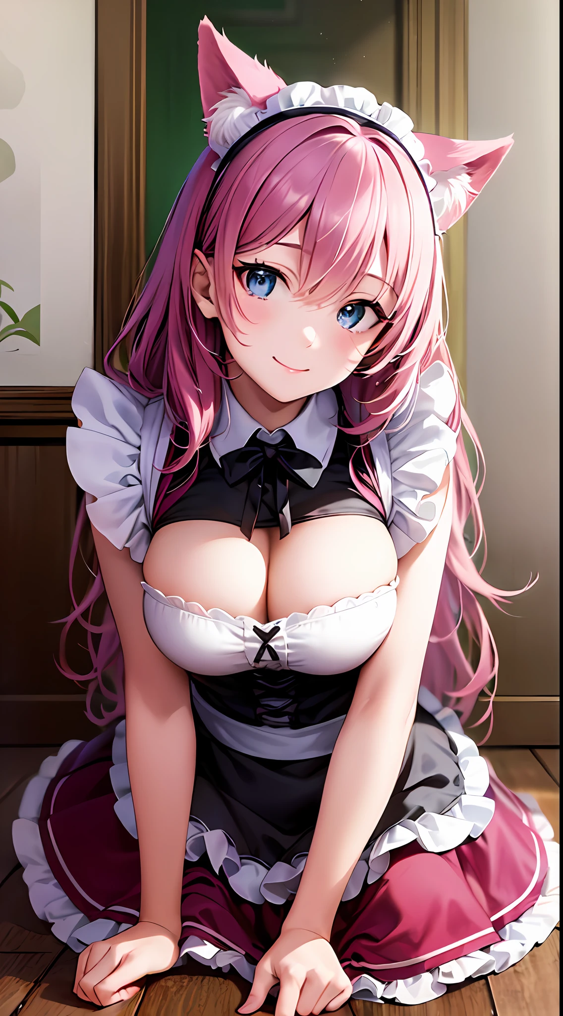 (a closeup of an anime character doing a sexy pose), ((shot taken from the floor)), (anime cat girl with pink cat ears and wavy and loose pink hair, in a maid costume), full body commission, commission for high resolution, (maid outfit), (anime girl in a maid costume, cosplay of a cat) (short dress), oc commission, in pixiv, cute anime cat, (waitress) girl, catgirl anime, beautiful maid, full body commission for anime, hyper realistic texture, realistic photo, ultra detailed, no drawing edges, Smiling! , photorealistic, texture of ultra realistic clothes, Natural lighting, realistic lighting, no dark edges, detailed shadows, ultra realistic photo, absurd realistic, realism, no drawing edges, ultra absurd photorealistic, mega realistic hair, mega realistic clothes, absurdly realistic details, no deformities, no drawing edges, no drawing lines, 8K, 4K