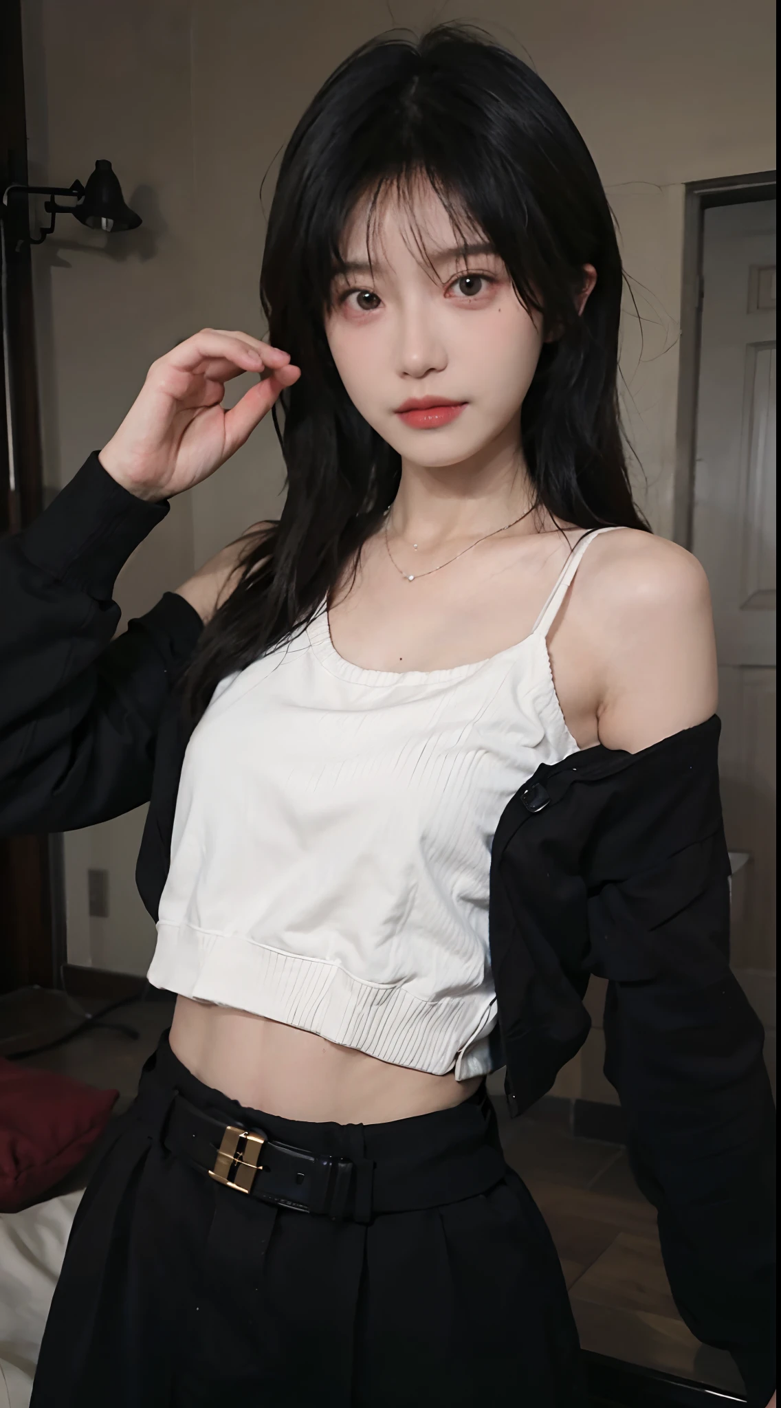 Surrealist art, gallery-quality works, ultra-precision, visual impact, sublime masterpieces, peak clarity, twilight dimness, soft lighting,
1 girl, solo,
Low-key, deep shadows, dresses, stockings, skirts, shorts, suspenders, tank tops, short sleeves, t-shirts, shirts, home, night, neon, rain, wet, light diffusion, colorful lights, mapping, innuendo, sexy, feminine, long legs,