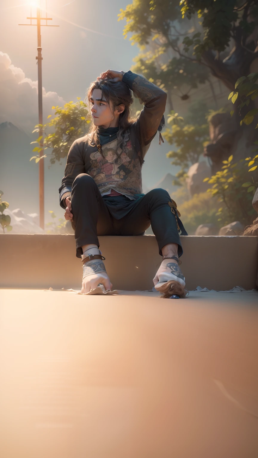 RAW photo, best quality), (realistic, photo-realistic:1.3),best quality,highly detailed,masterpiece,ultra-detailed,illustration,1cute boy,upper_body,dynamic angle,world masterpiece theater,messy_long_hair,best quality,extremely detailed CG unity 8k wallpaper,ink,Amazing,cinematic lighting,lens_flare,,dunhuang_style