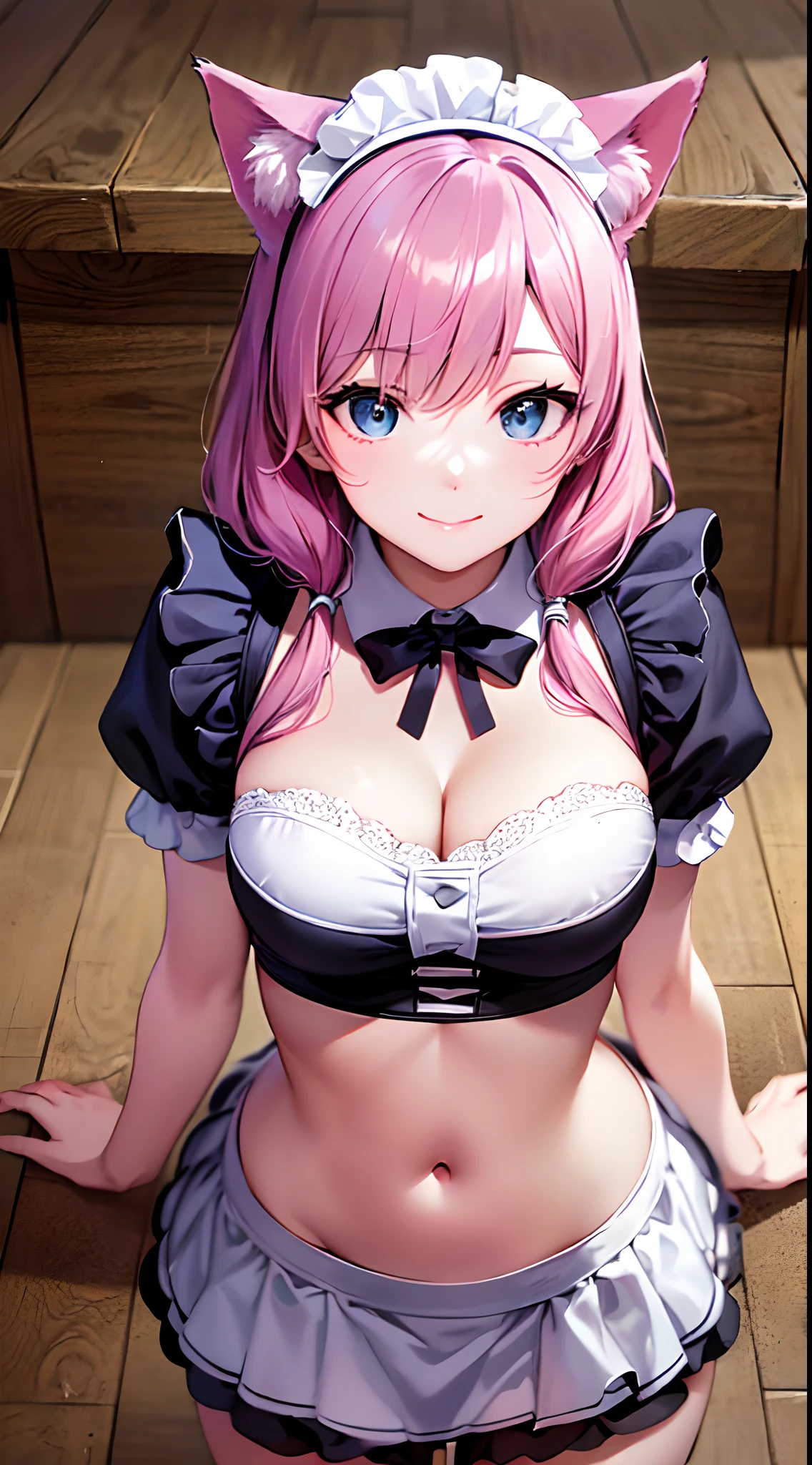 (a closeup of an anime character doing a sexy pose), ((shot from the floor)), (anime cat girl with pink cat ears and wavy and loose pink hair, in a maid costume), full body commission, commission for high resolution, (maid outfit), (anime girl in a maid costume, cosplay of a cat) (short dress), oc commission, in pixiv, cute anime cat, (waitress) girl, catgirl anime, beautiful maid, full body commission for anime, hyper realistic texture, realistic photo, ultra detailed, no drawing edges, Smiling! , photorealistic, texture of ultra realistic clothes, Natural lighting, realistic lighting, no dark edges, detailed shadows, ultra realistic photo, absurd realistic, realism, no drawing edges, ultra absurd photorealistic, mega realistic hair, mega realistic clothes, absurdly realistic details, no deformities, no drawing edges, no drawing lines, 8K, 4K