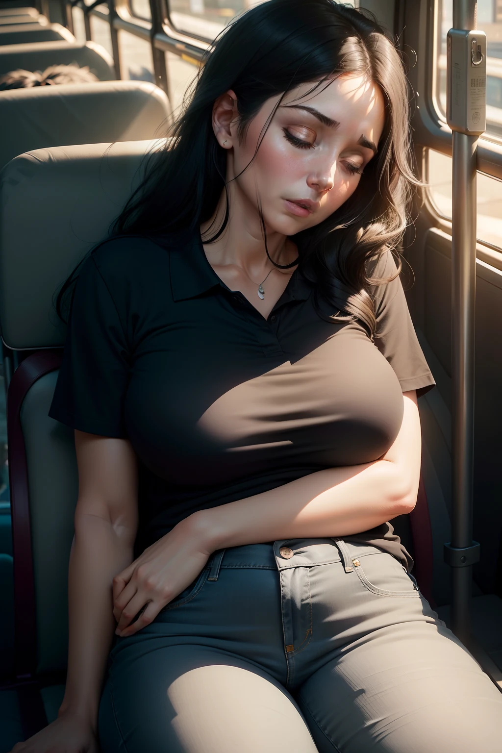 1 beautiful woman, 50-year-old lady, sleeping with her mouth open, eyes closed, black hair, sleeping sitting on the bus, jeans, black polo shirt, big breasts, outlined eyes, drooling, snoring, passed out, black bag, head on the bus window, sitting by the window