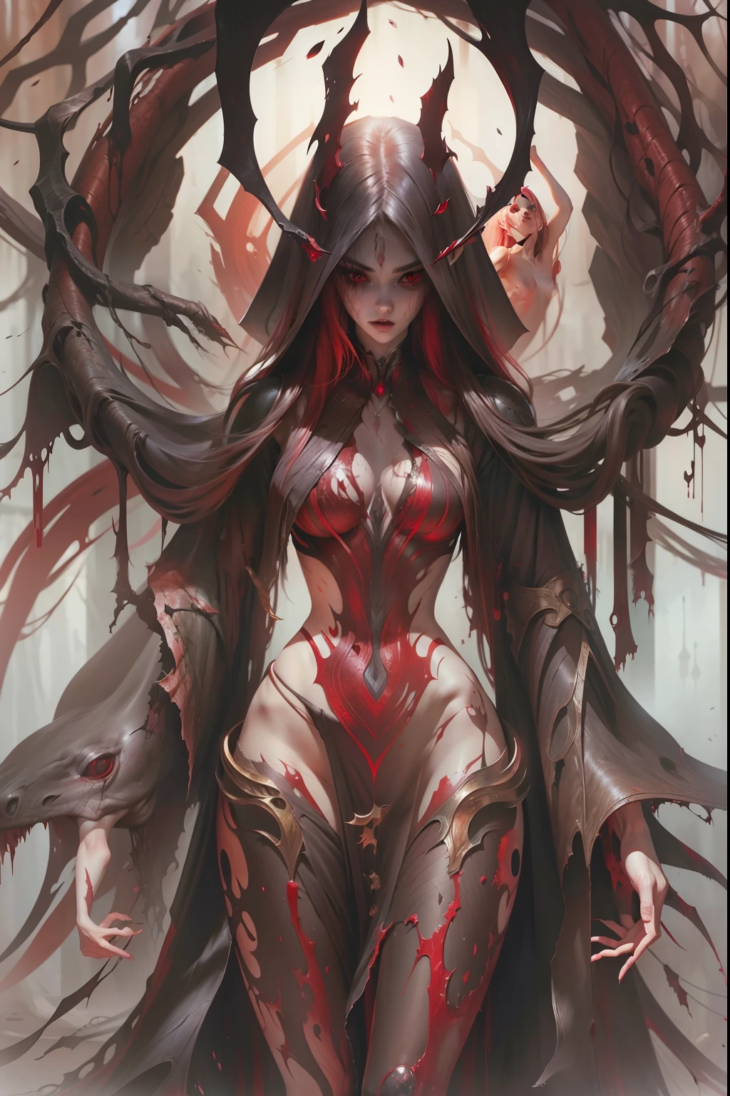 Masterpiece, Best Quality, Girls , Slender, red Eyes, Hair Color, Iridescent, Long Hair Spreading, red Skin, Medium, Cute, Sexy, topless, horror nightmare