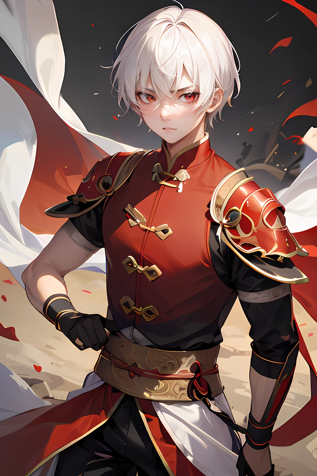 Personaje de anime con cabello blanco y capa roja sosteniendo una espada, ojos rojos, inexpresivo, rostro varonil, Keqing de Genshin Impact, Zhongli de Genshin Impact, por Yang J, Chico guapo en el arte de Demon Slayer, Heise Jinyao, Estilo de arte G Liulian, Genshin, Arte Oficial, Loong, inspirado por Pu Hua, inspirado por Bian Shoumin, por Shitao
